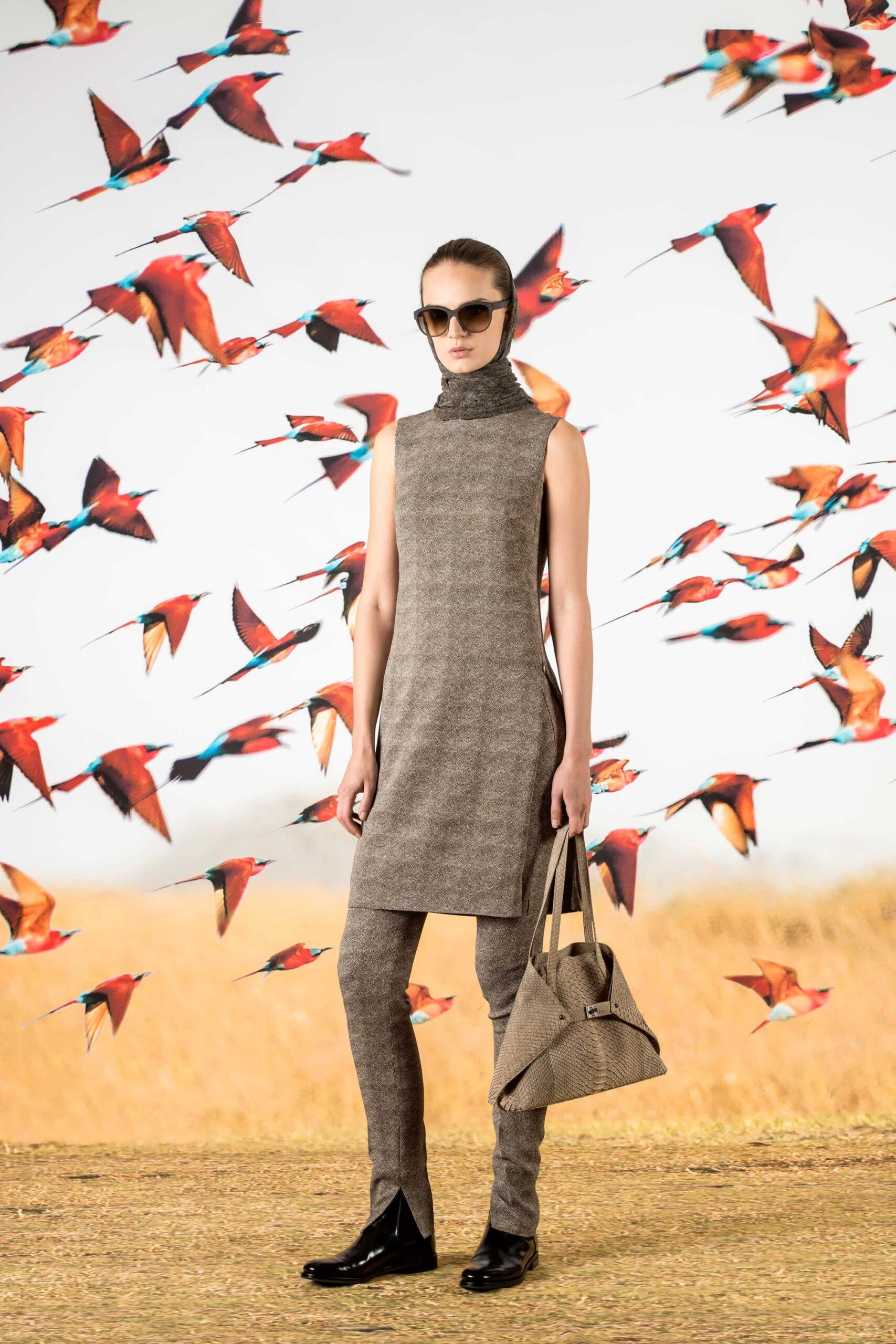 gray wool sleeveless high-neck fitted straight-leg mini dress