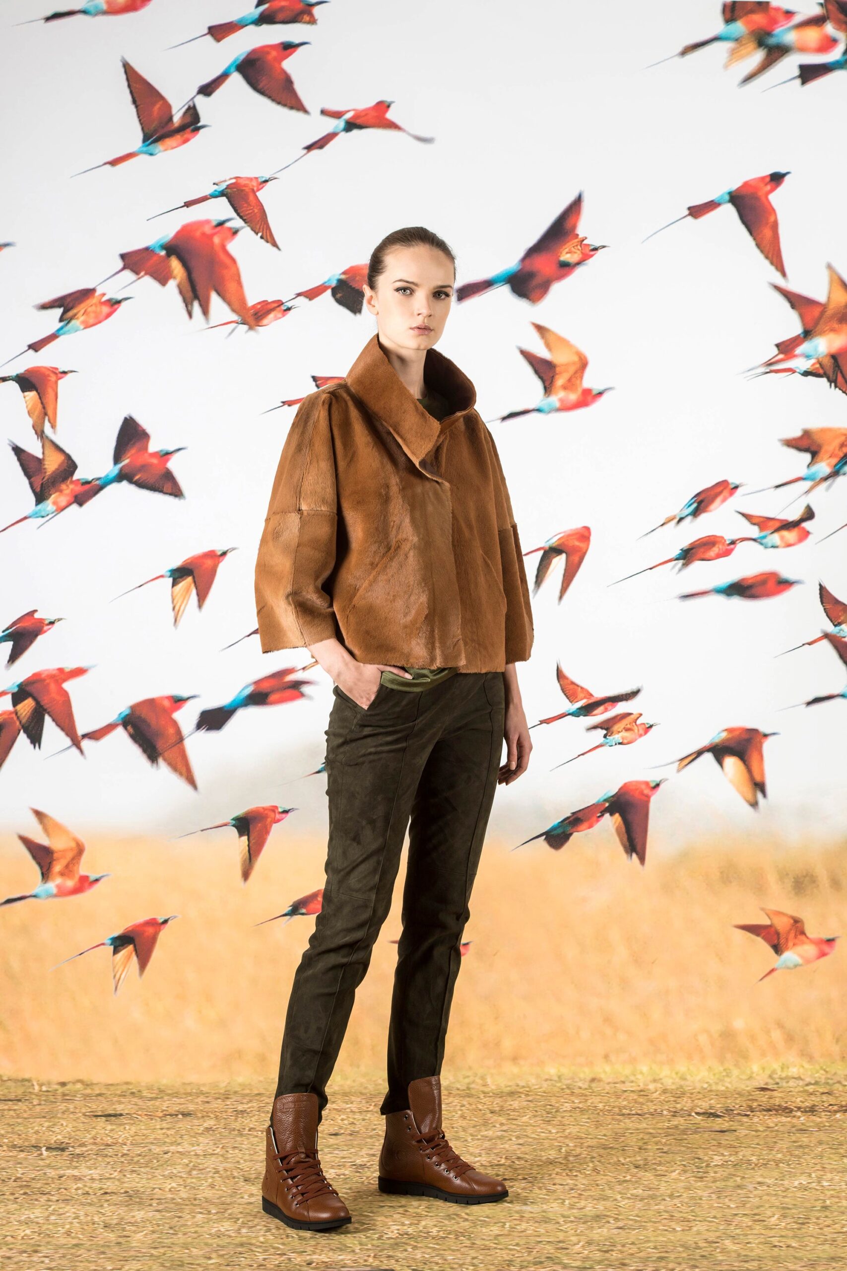 brown suede jacket with green pants