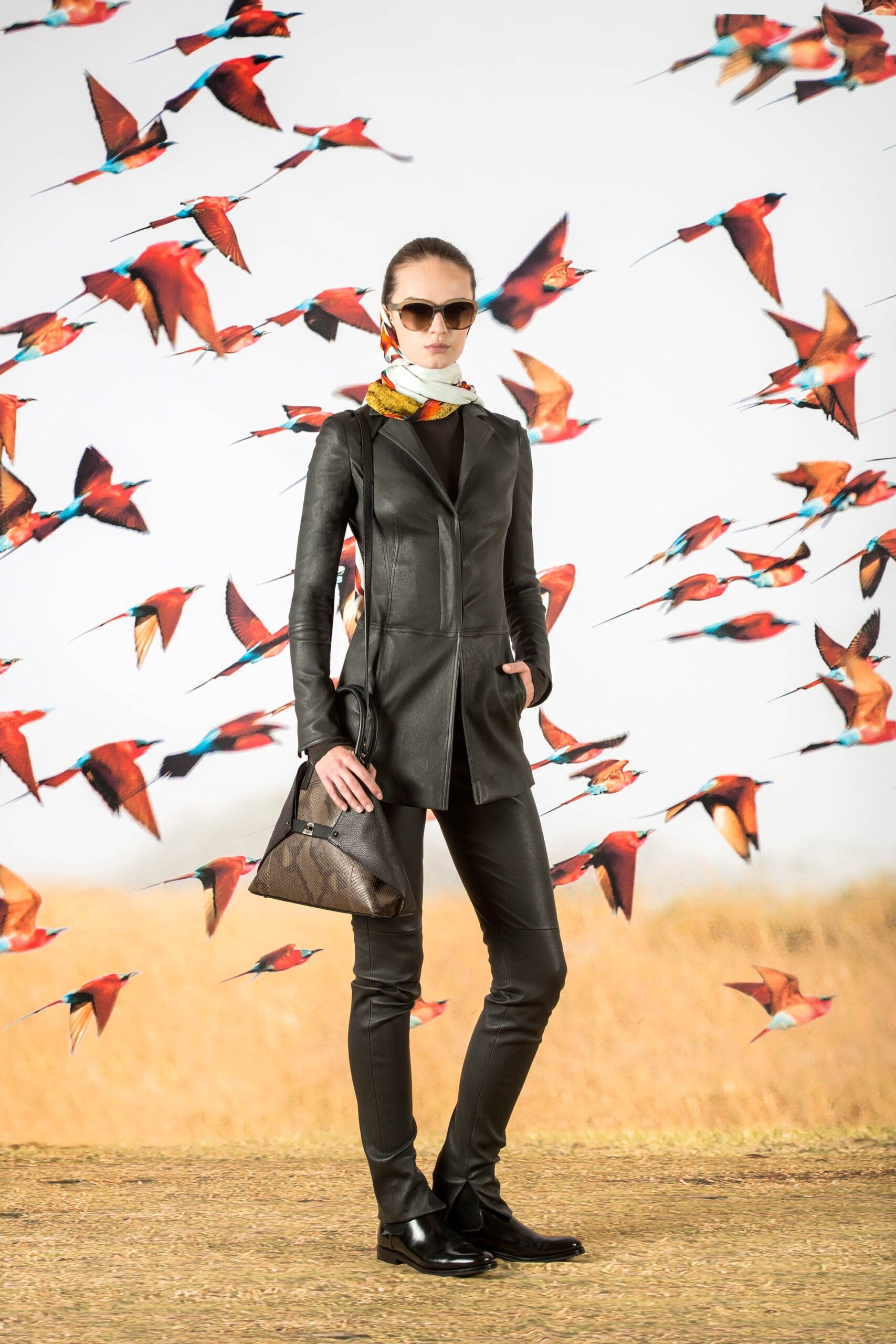 black leather fitted coat and pants