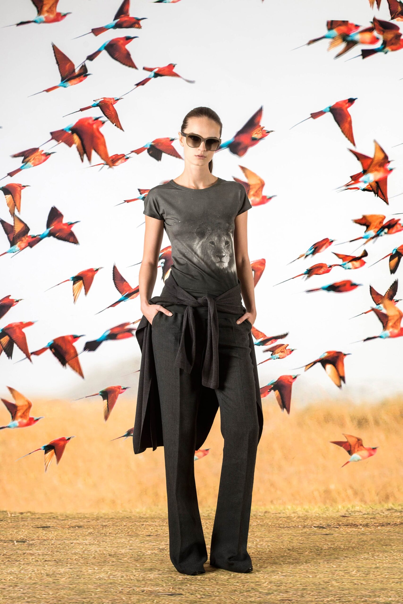 black printed t-shirt and relaxed pants