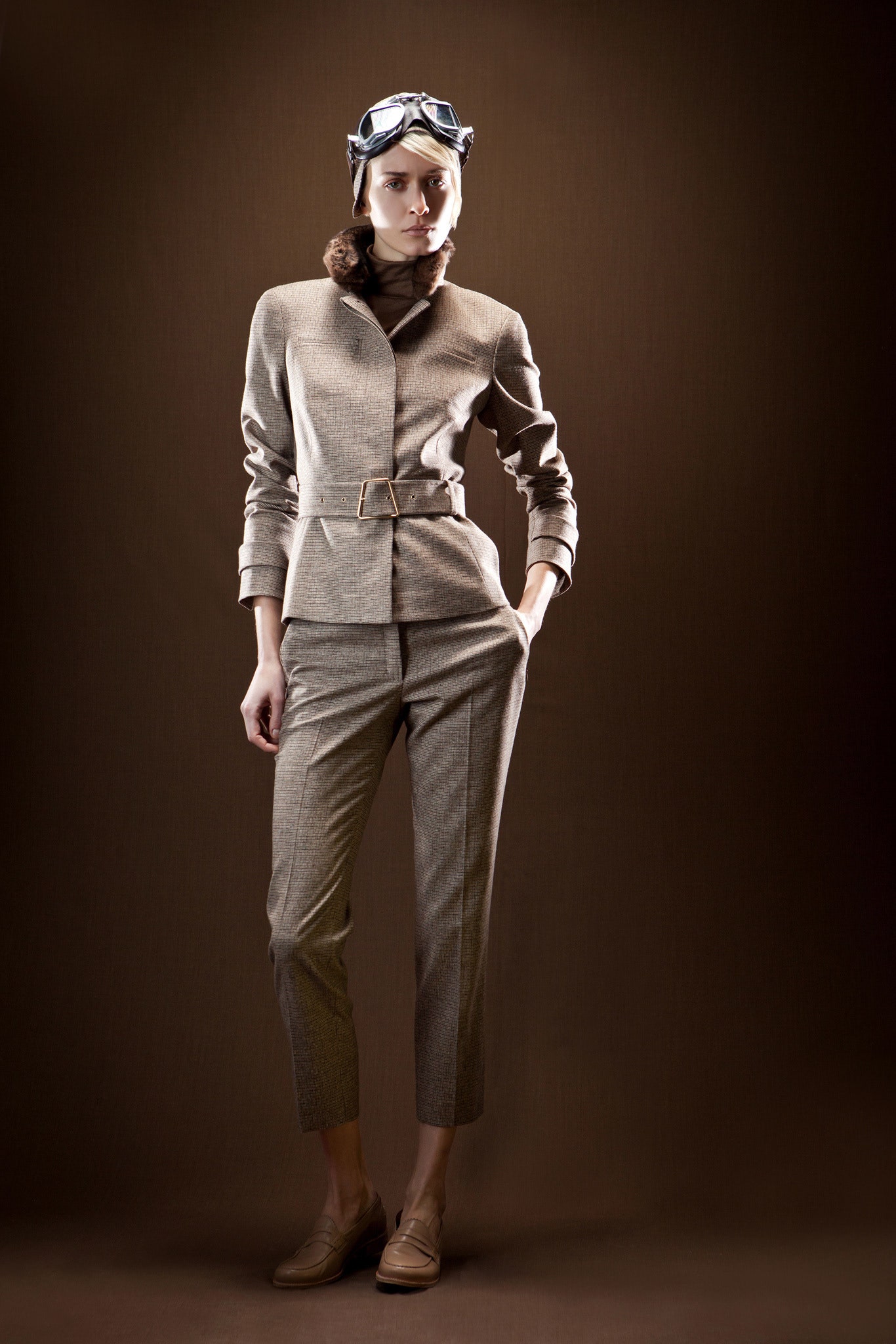 brown wool long-sleeve collared tailored belted blazer