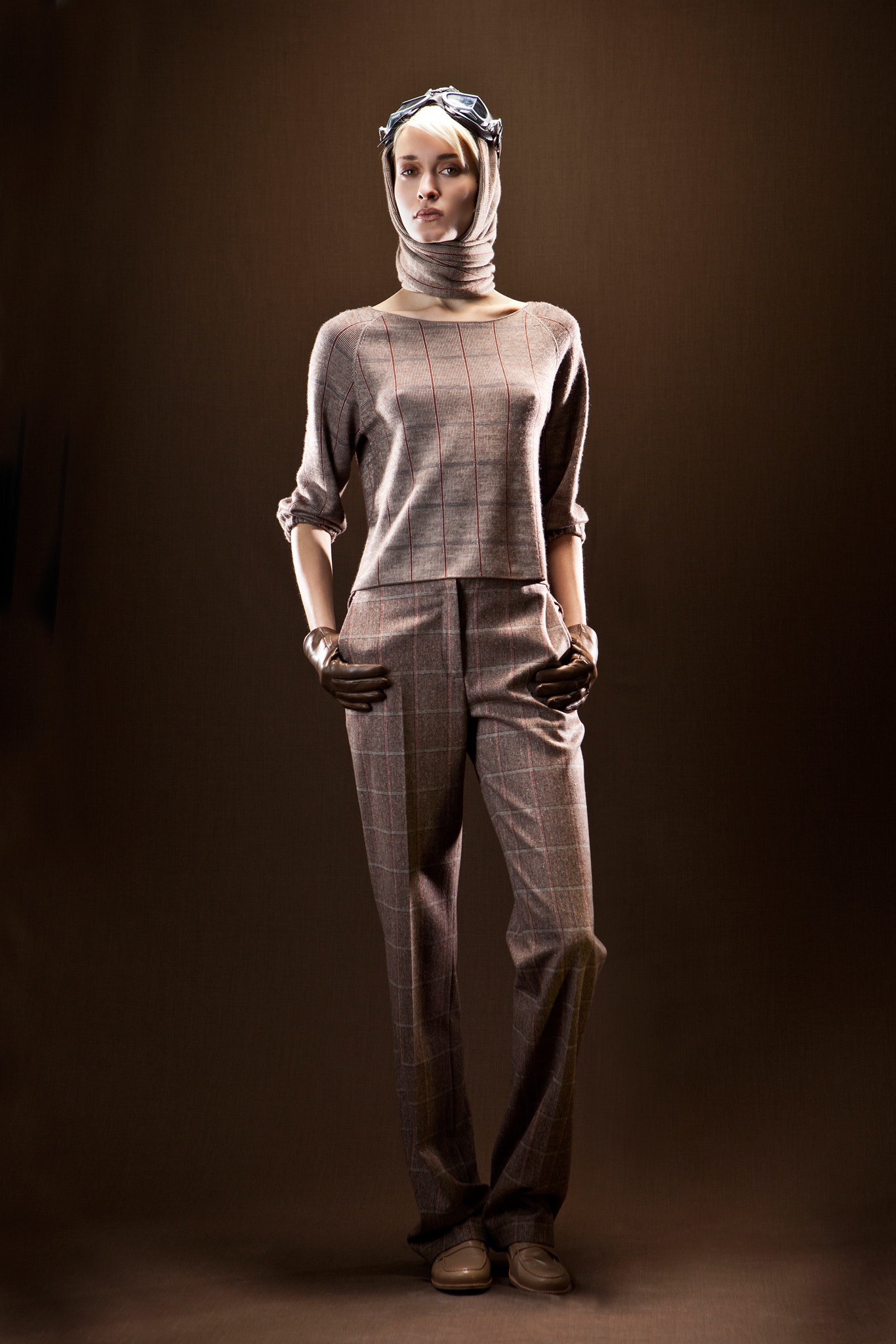 beige wool long-sleeve collared fitted checked top