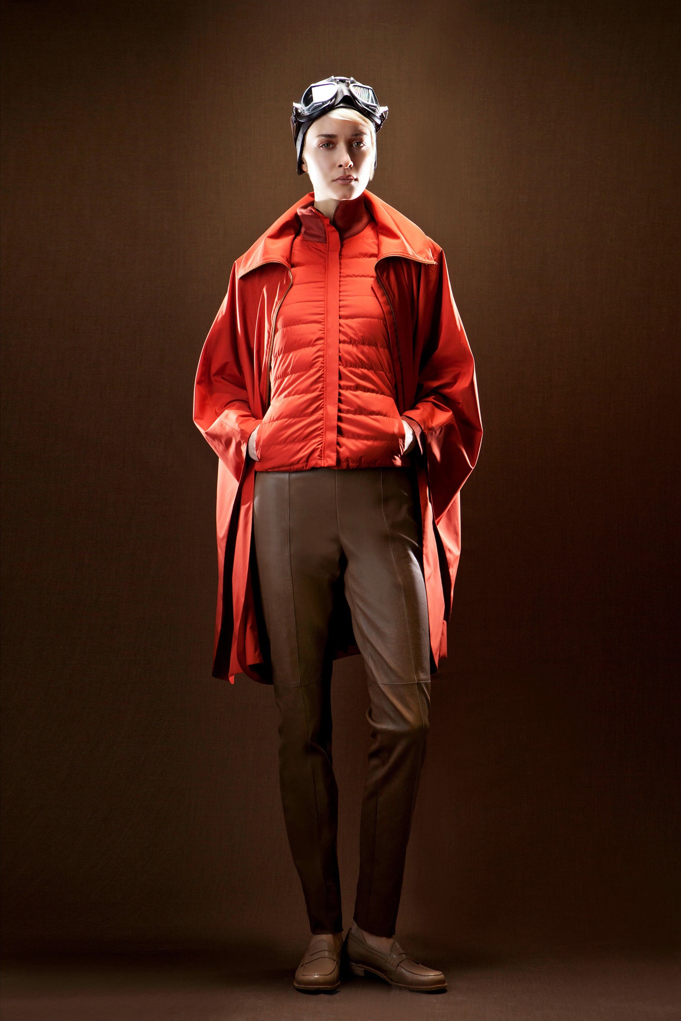 red jersey long-sleeve collared oversized draped coat
