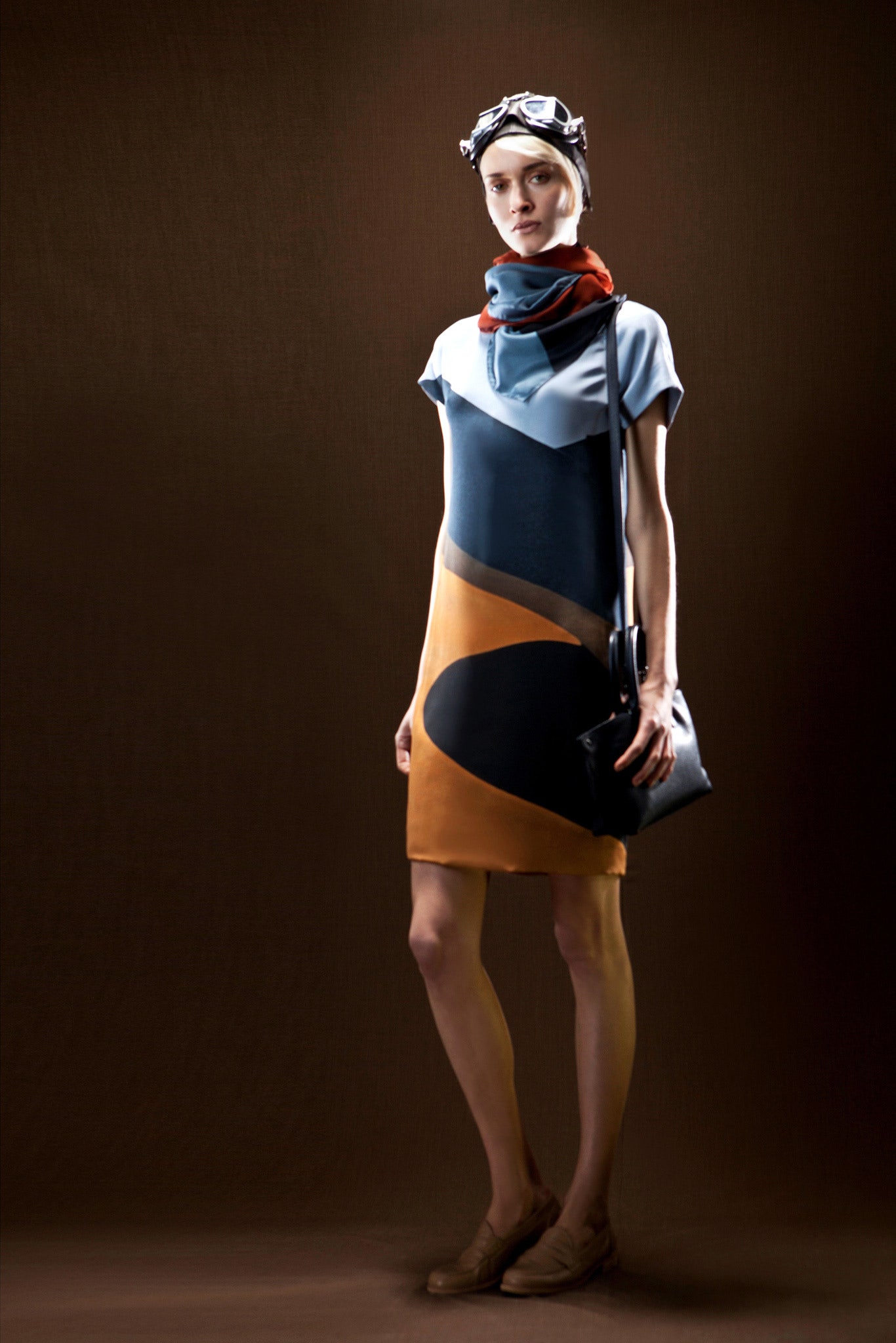 color-blocked silk dress with scarf