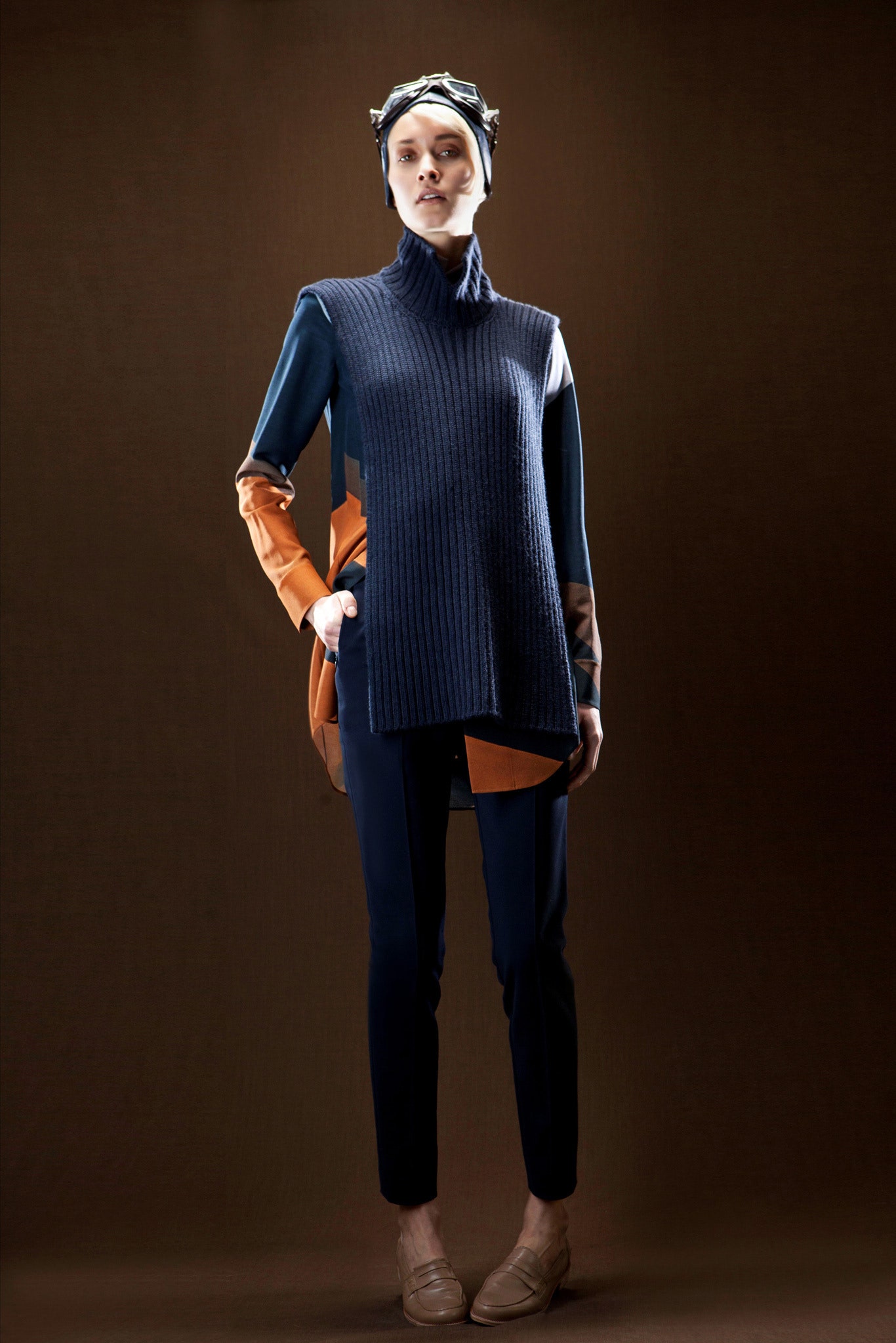 blue knit long-sleeve turtleneck relaxed layered top