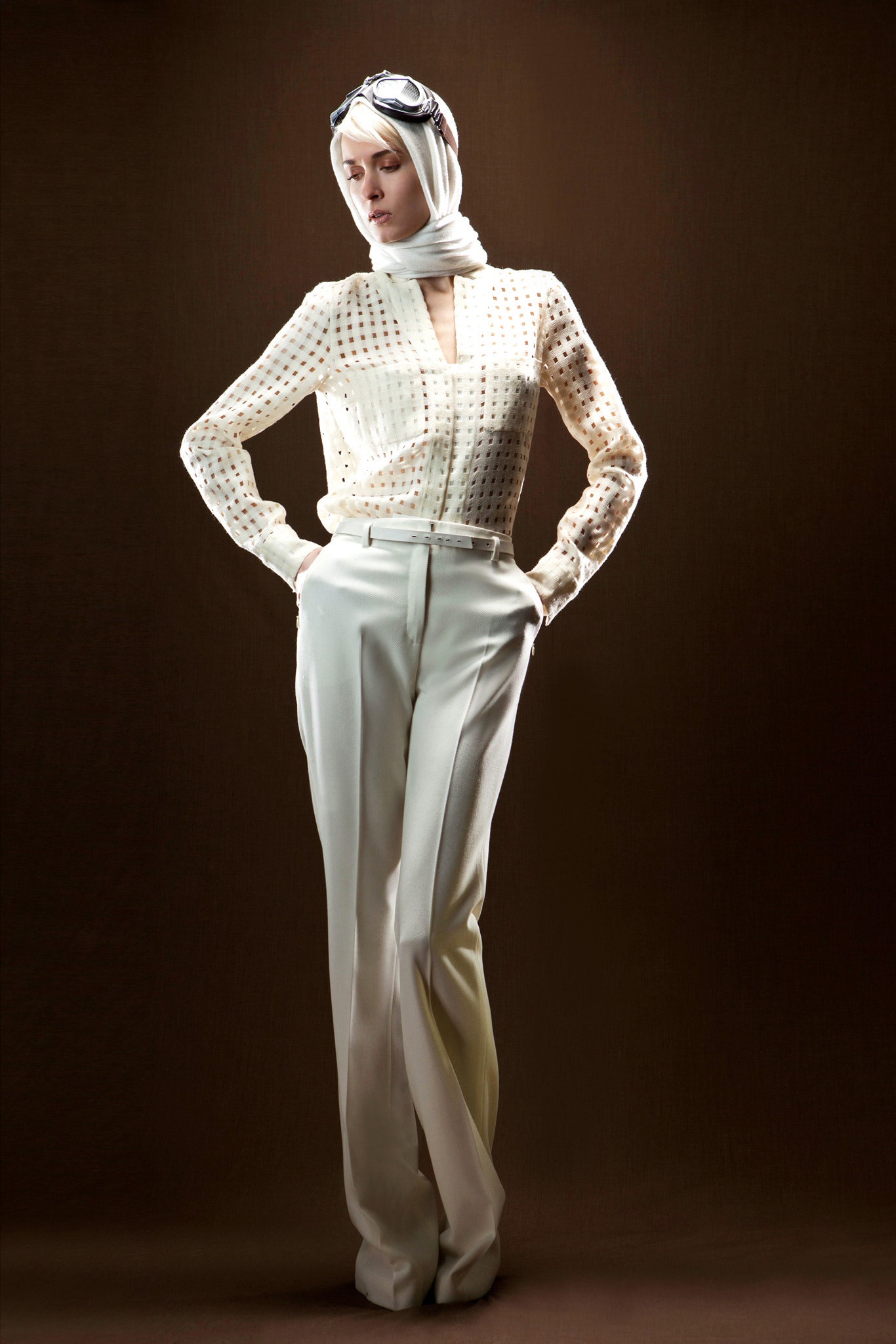 white silk long-sleeve collared fitted pleated blouse