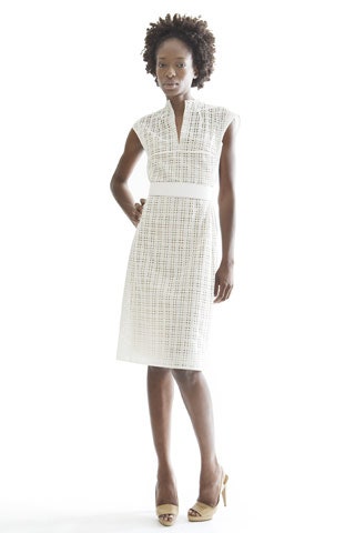 white cotton short-sleeve collared fitted pleated midi dress