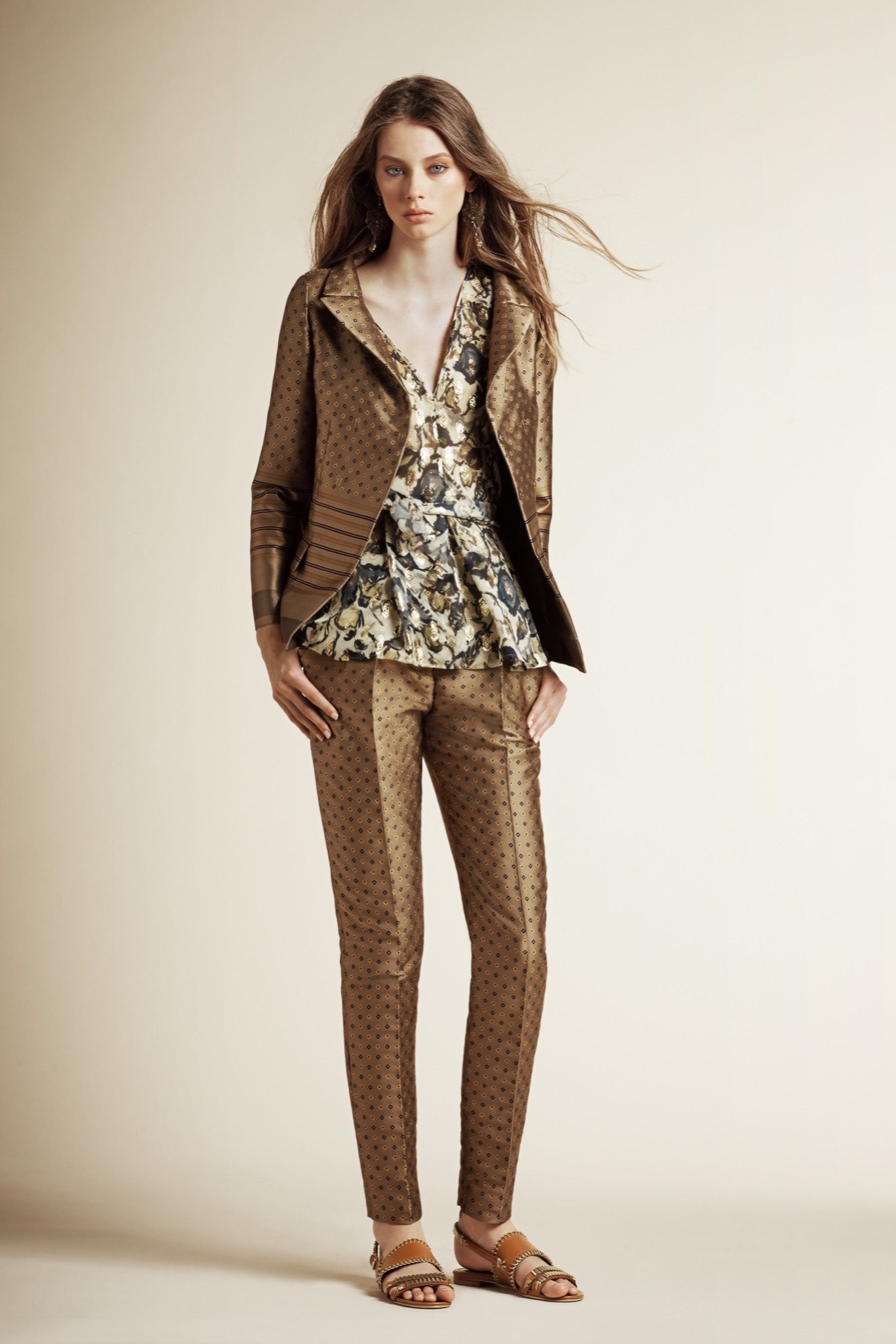 brown silk tailored blazer with printed top