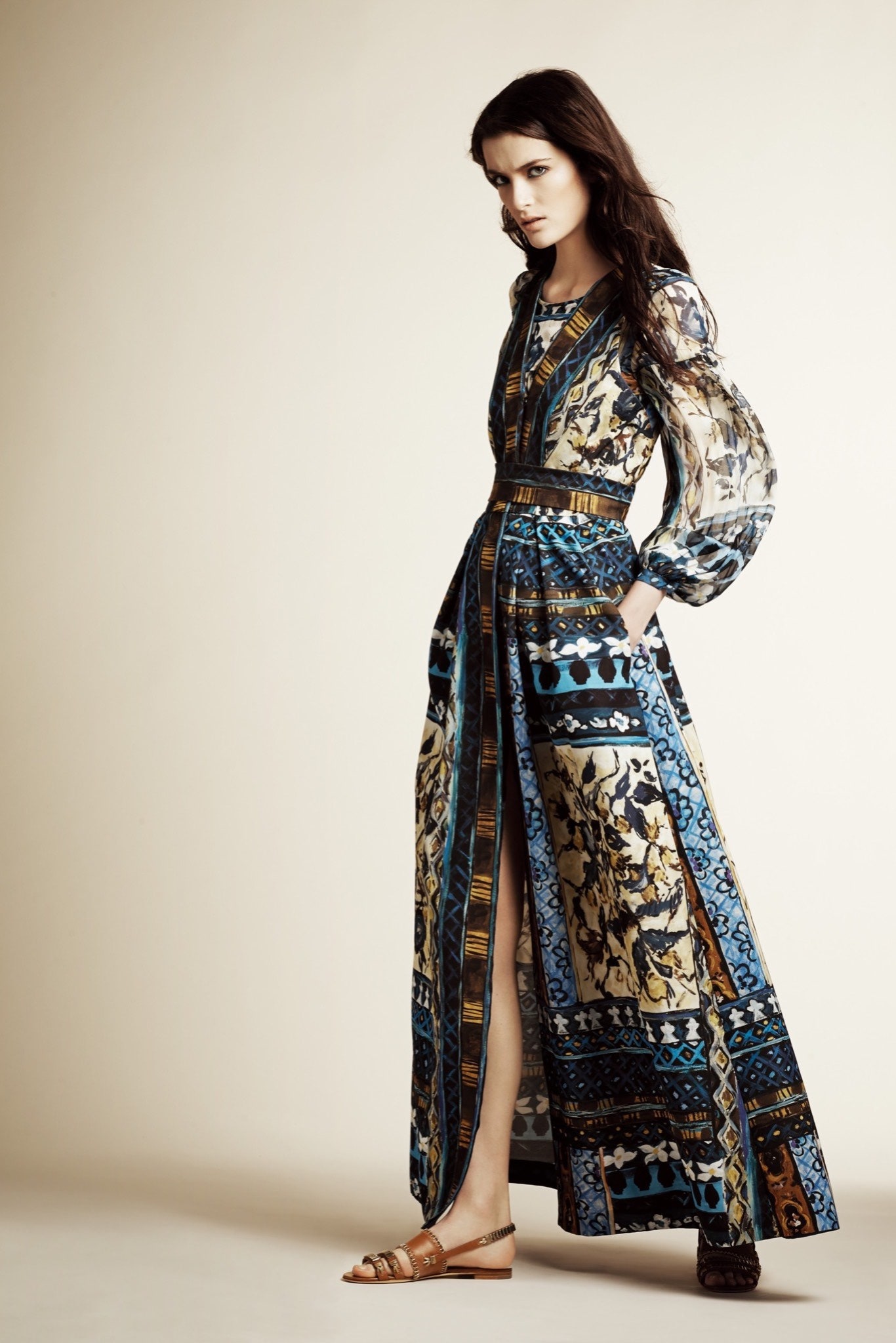 blue and gold printed maxi dress