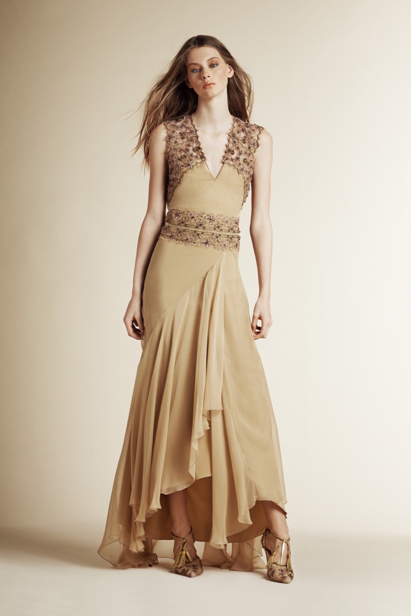 beige chiffon sleeveless gown
