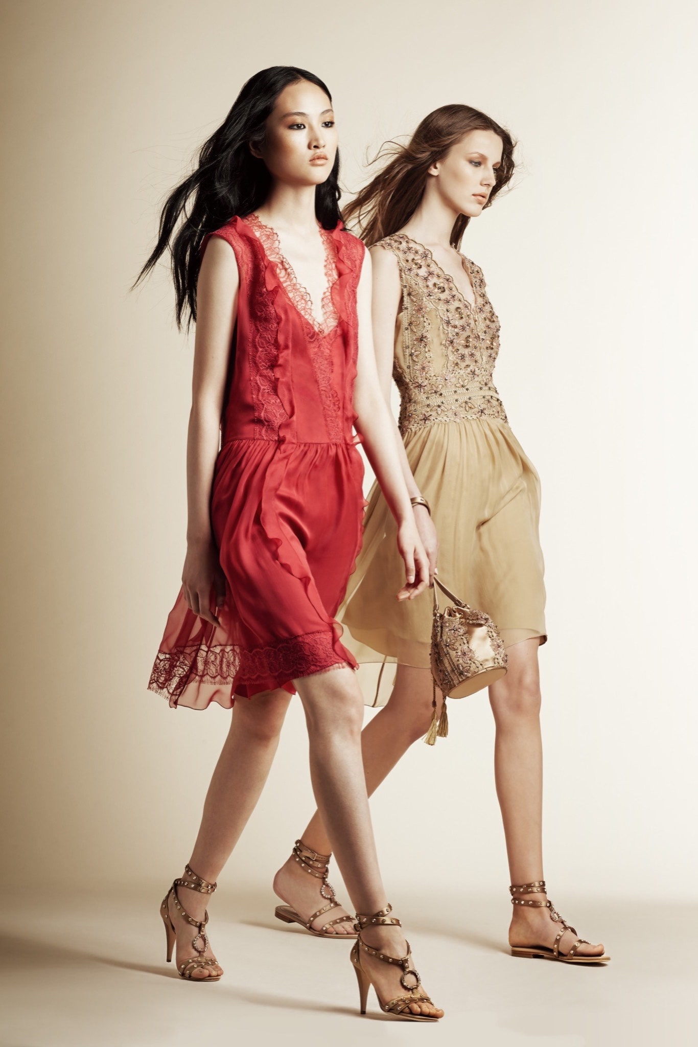 red and beige silk dresses