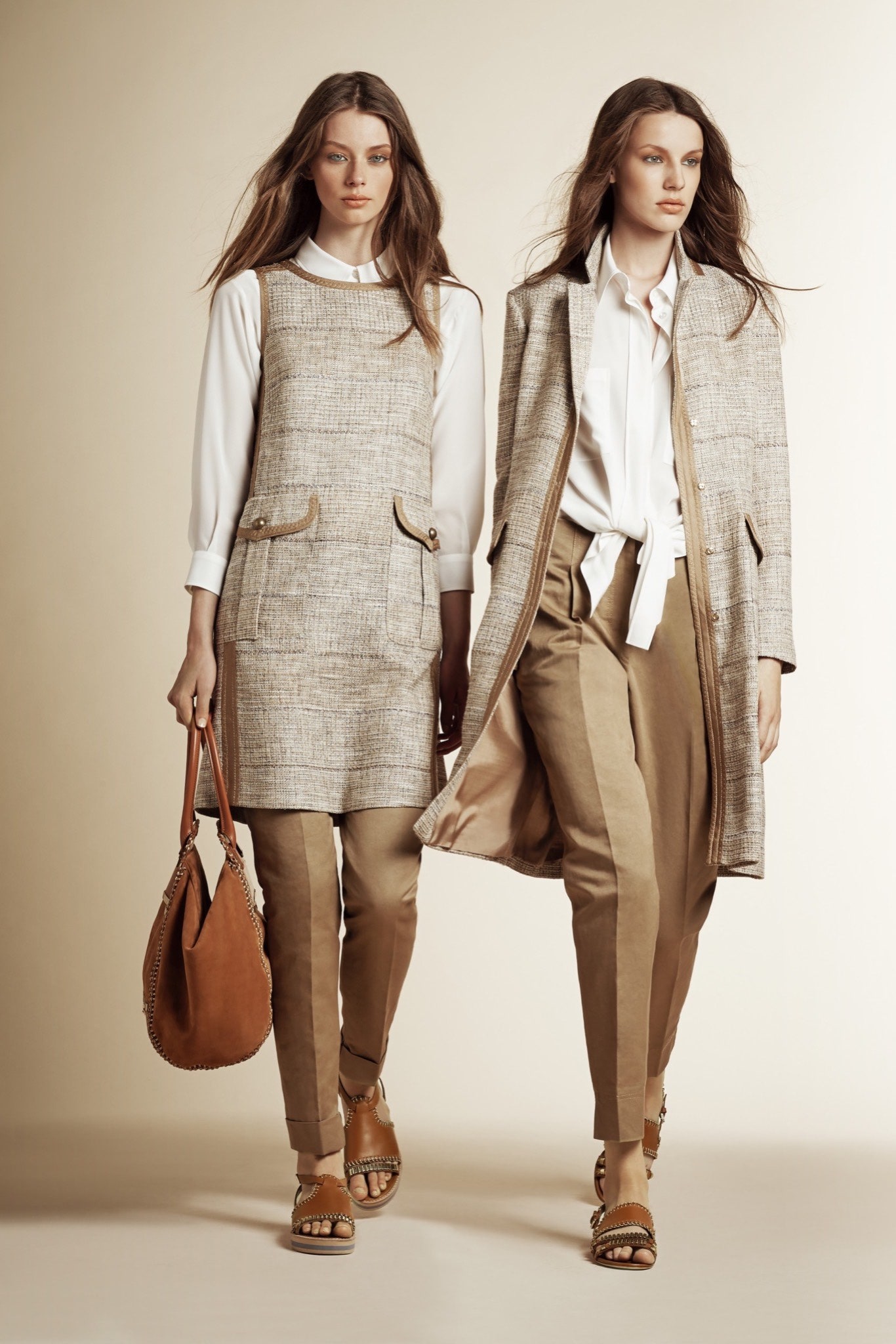 beige tweed sleeveless dress and coat