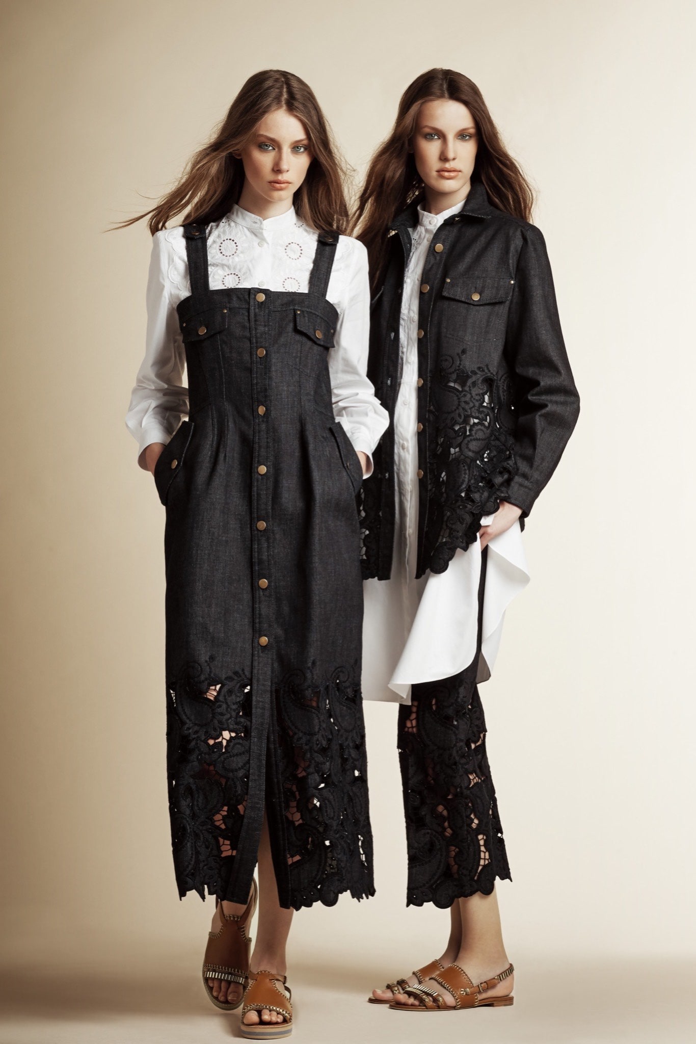 black denim maxi dress and white shirt
