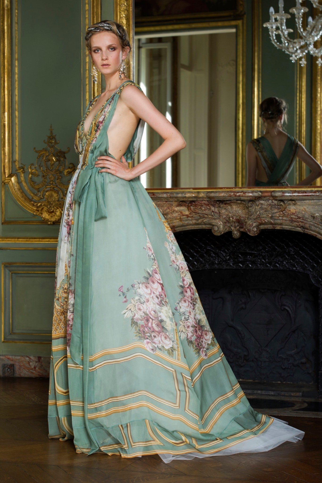 green silk floral gown