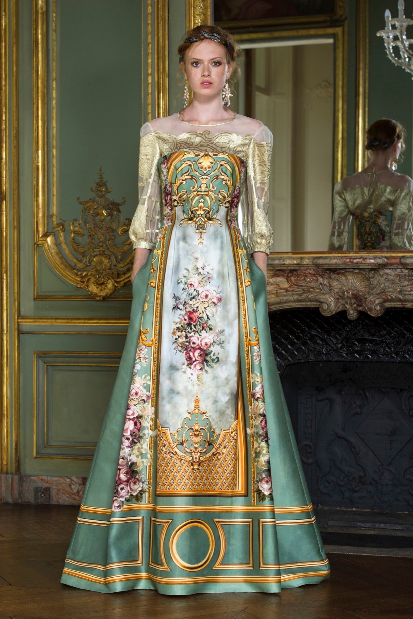 green gold embroidered off-shoulder gown