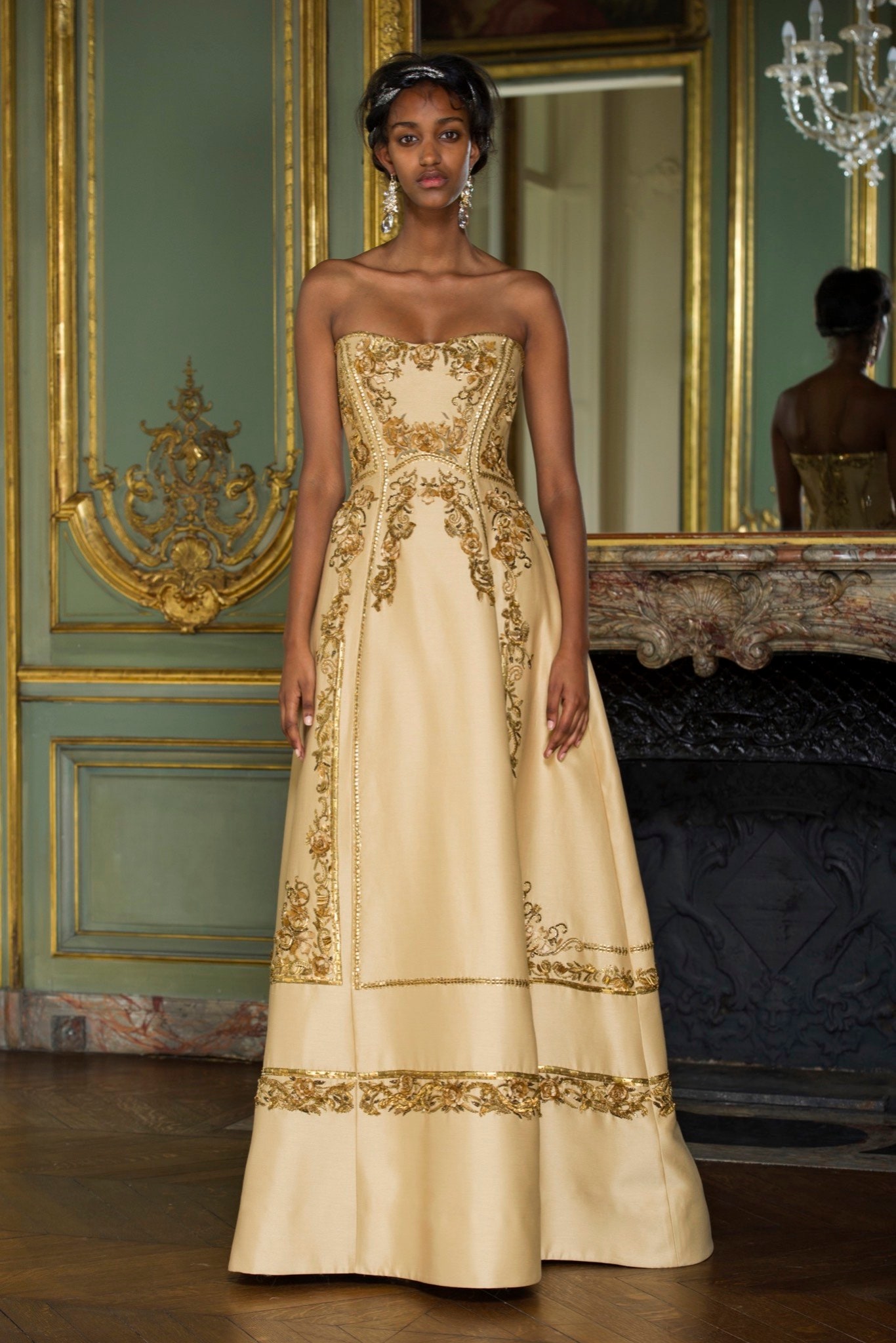 gold silk strapless gown