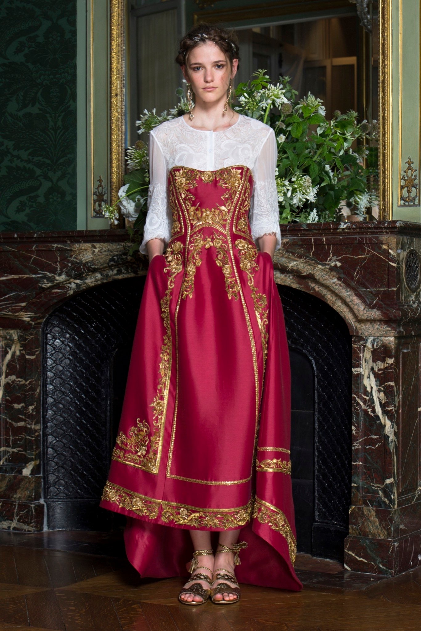 red silk embroidered gown
