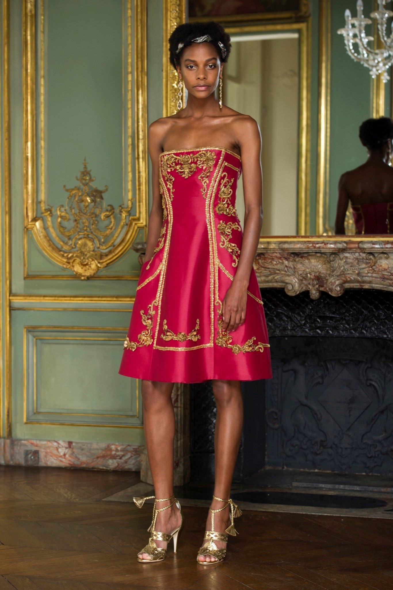 red embroidered strapless dress