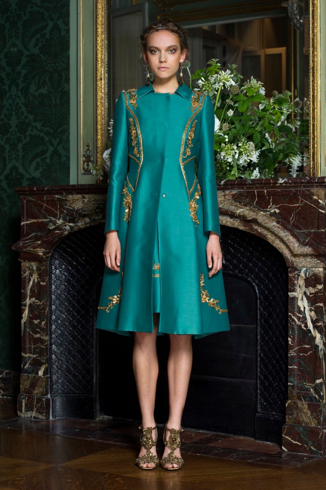 teal silk embroidered dress