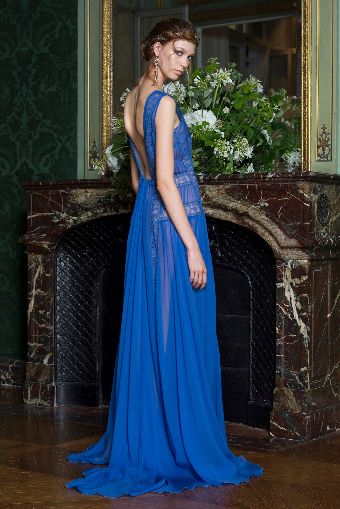 blue silk sleeveless gown