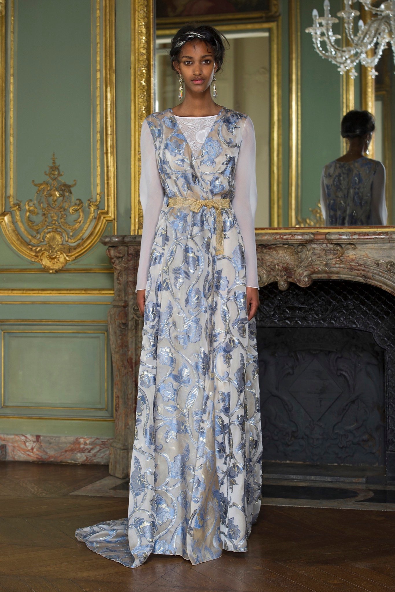 blue and white silk gown