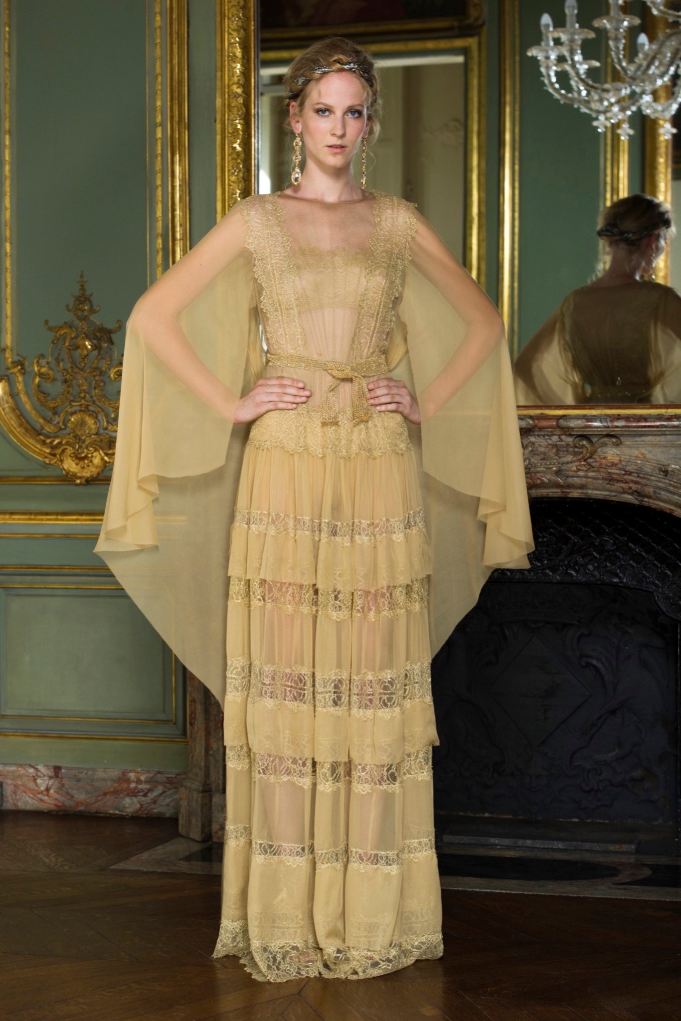 beige silk layered gown with cape