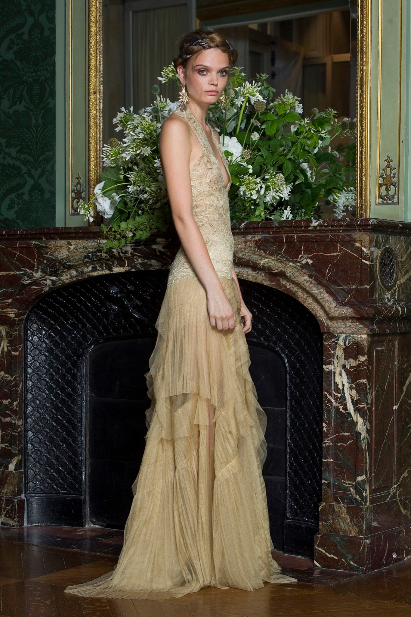 beige silk sleeveless gown