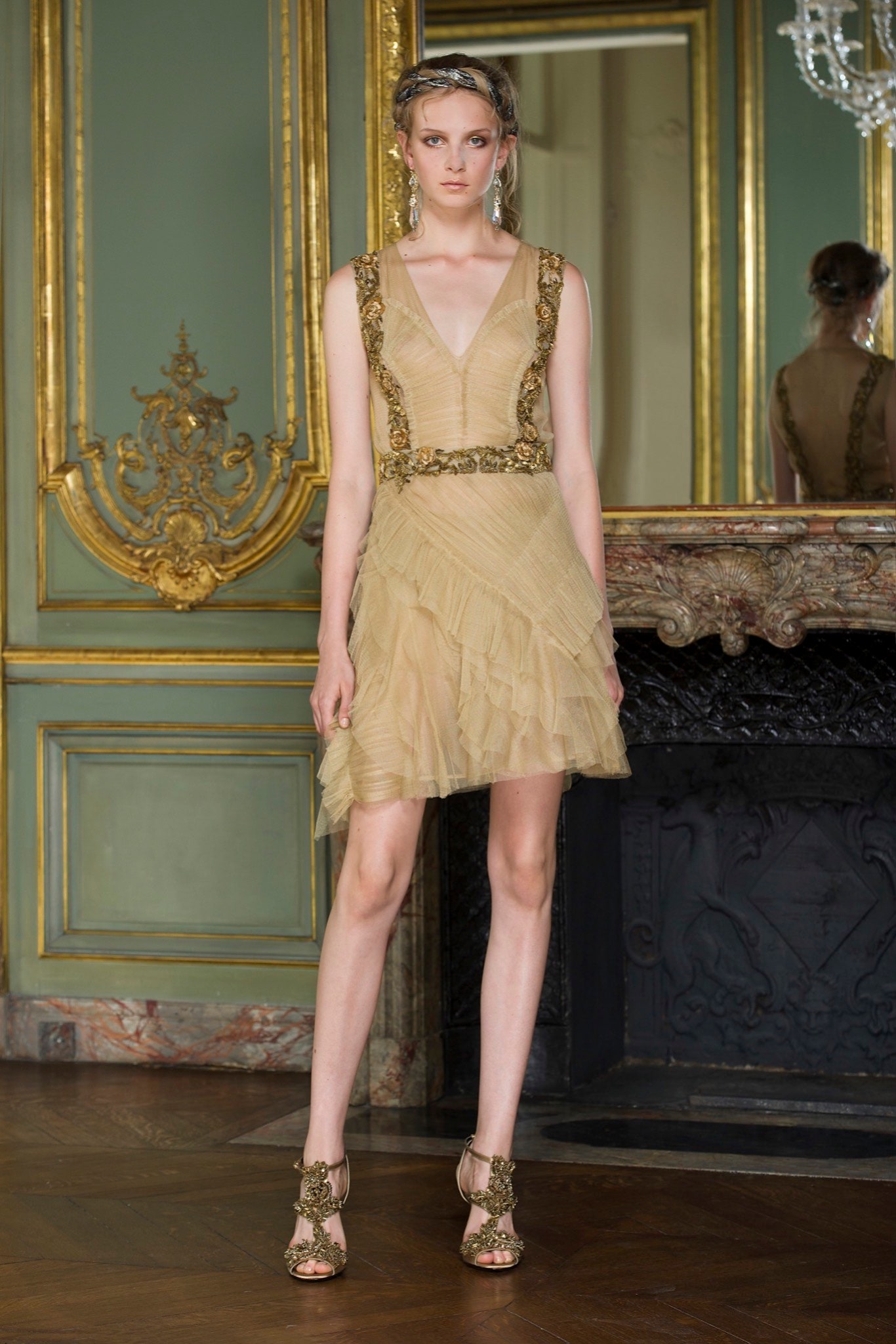 gold silk ruffled mini dress