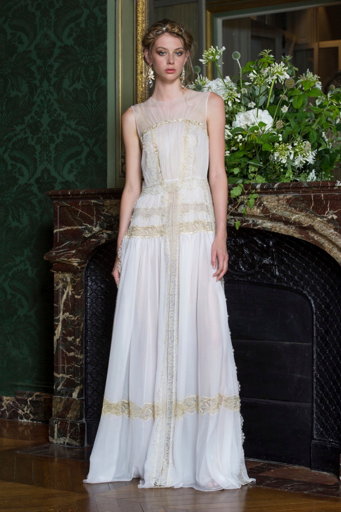 white silk sleeveless gown