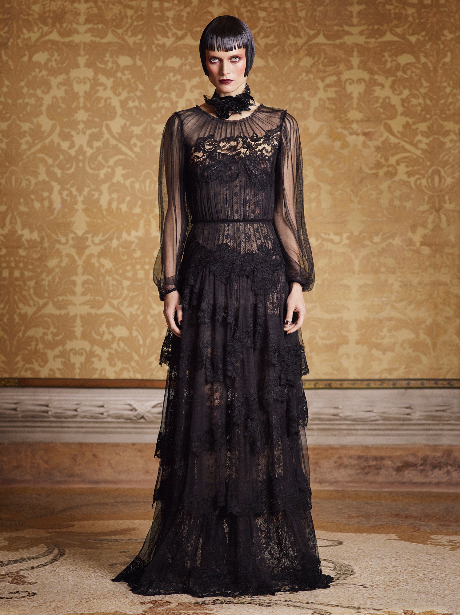 black lace long-sleeve gown