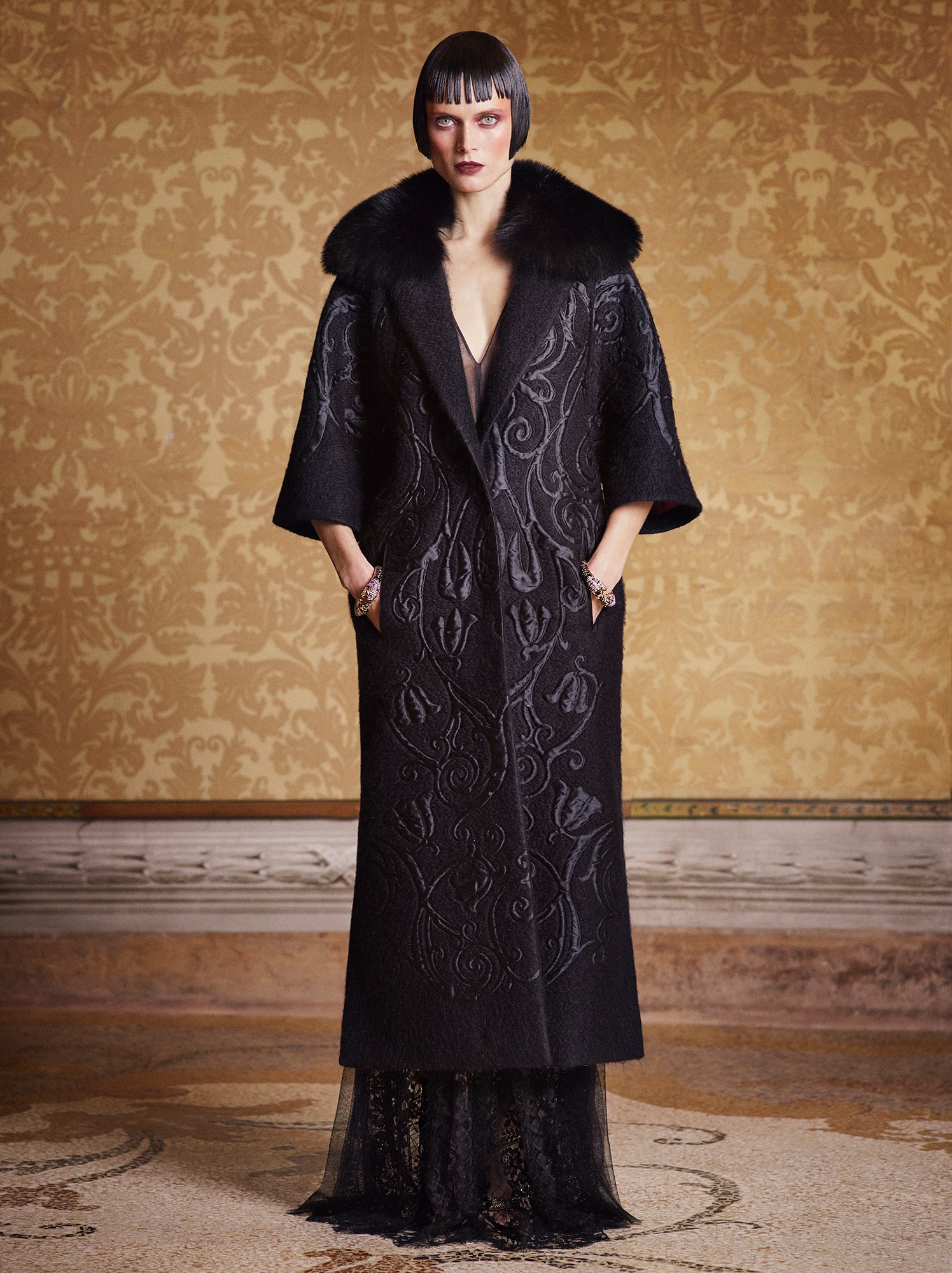 black wool long-sleeve v-neck relaxed embroidered belted coat