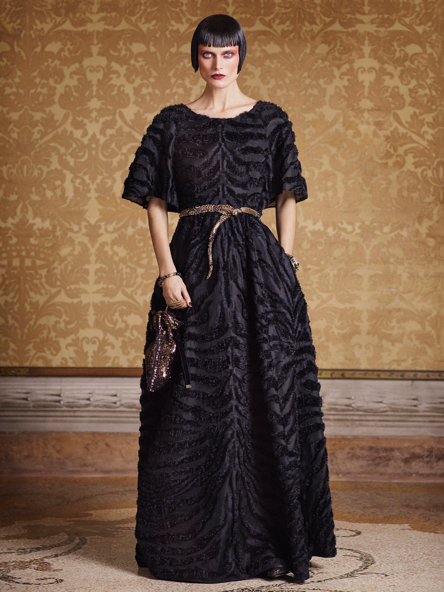 black silk ruffled gown