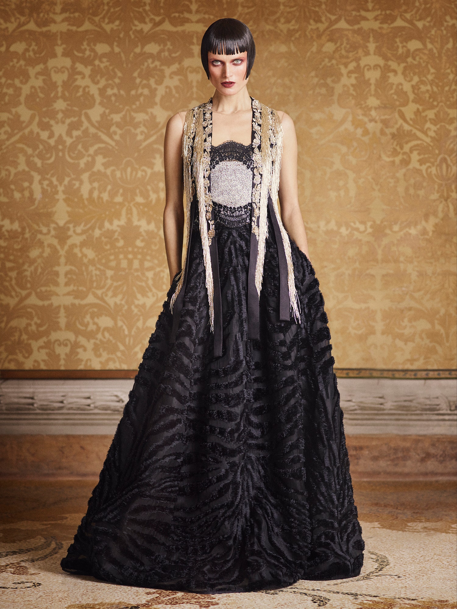 black silk pleated gown