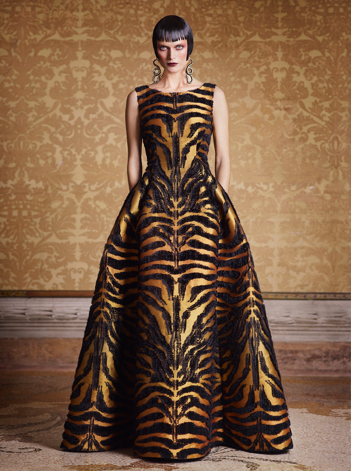 black and gold printed gown