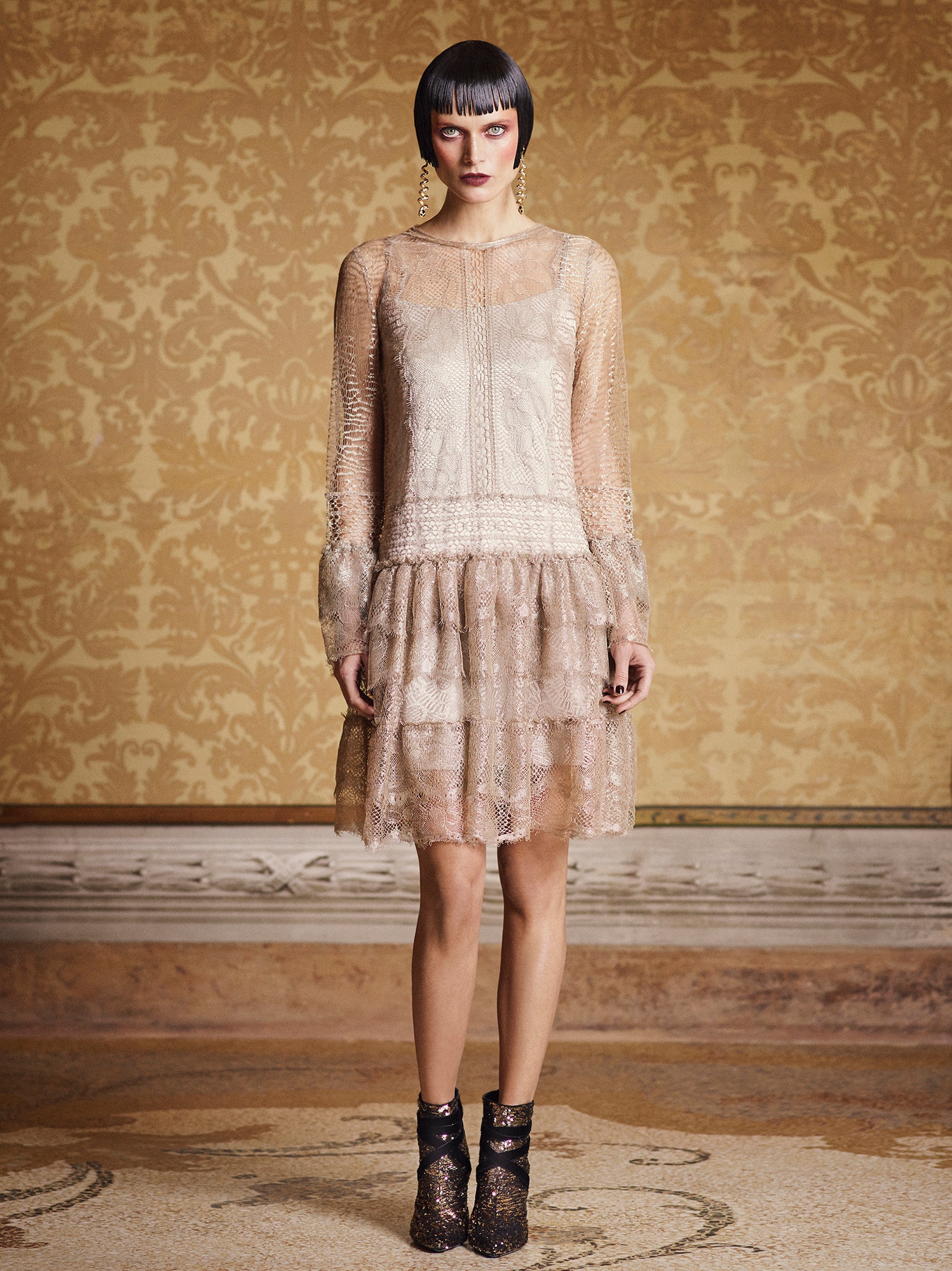 beige gold lace mini dress