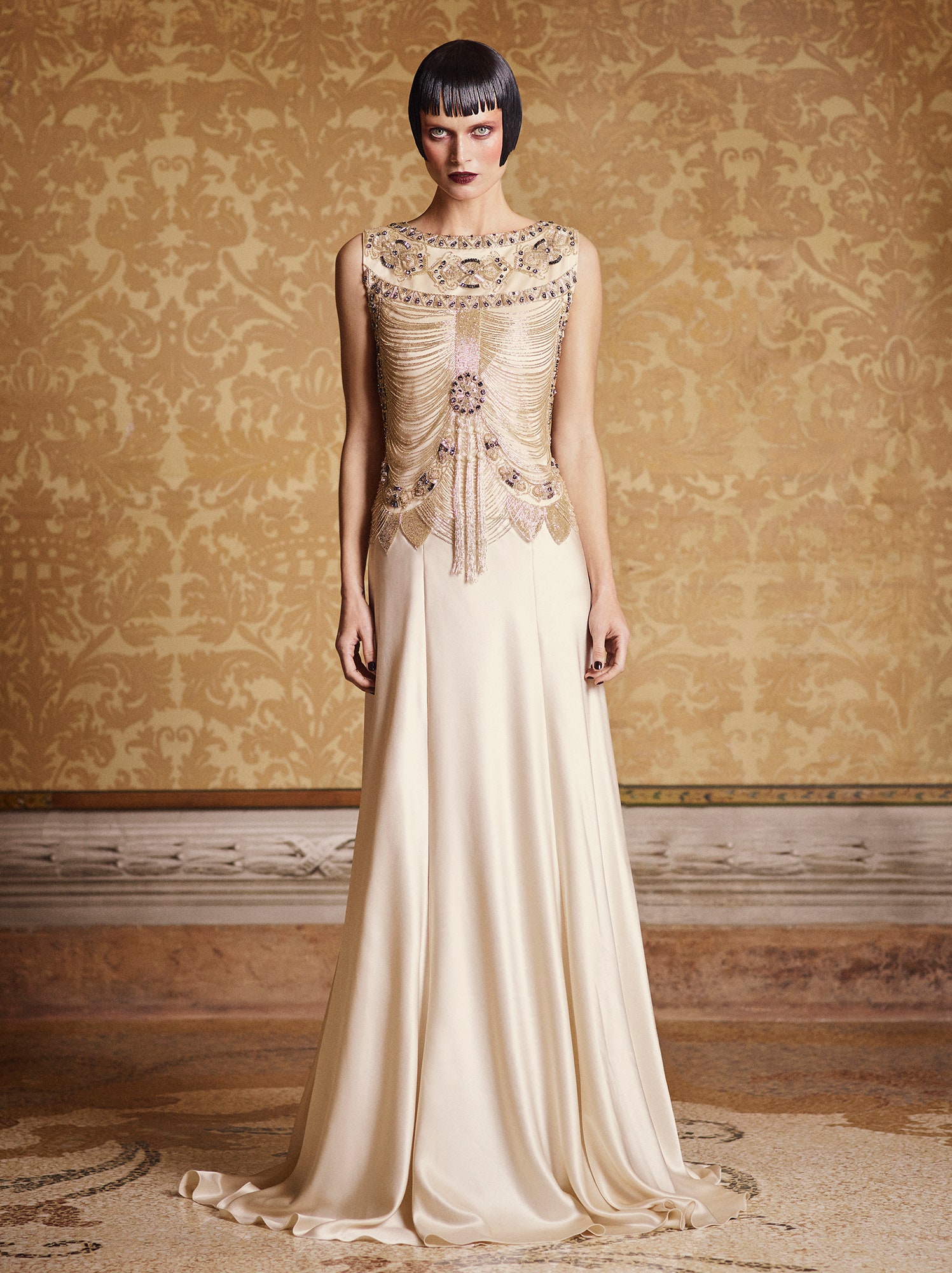 beige silk embellished gown