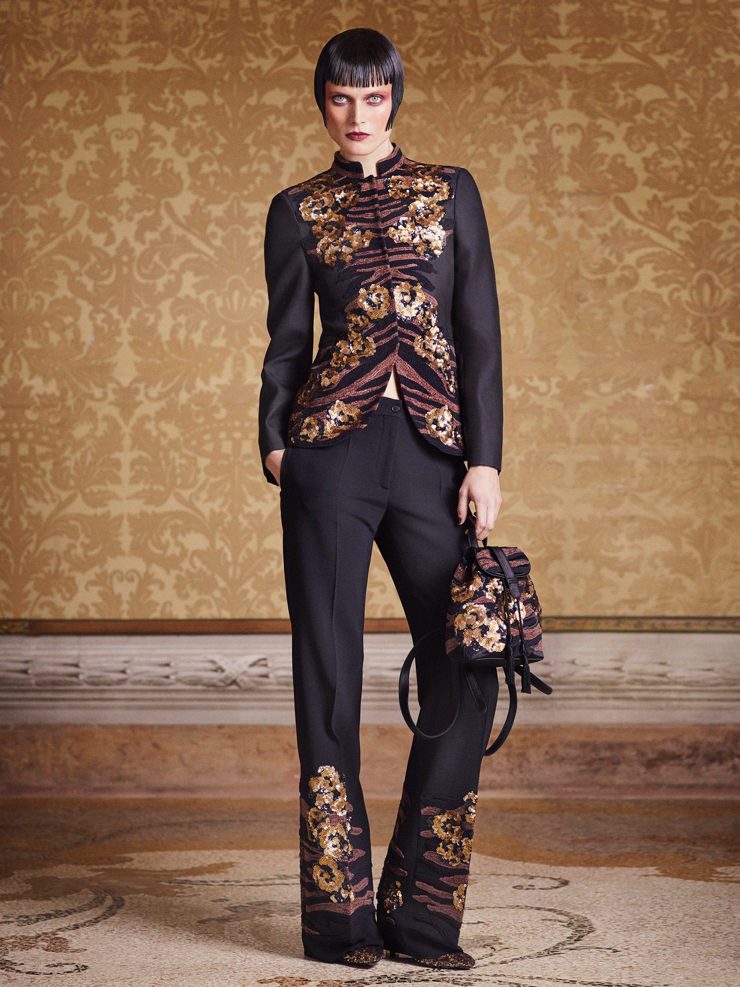 black silk embroidered blazer and pants