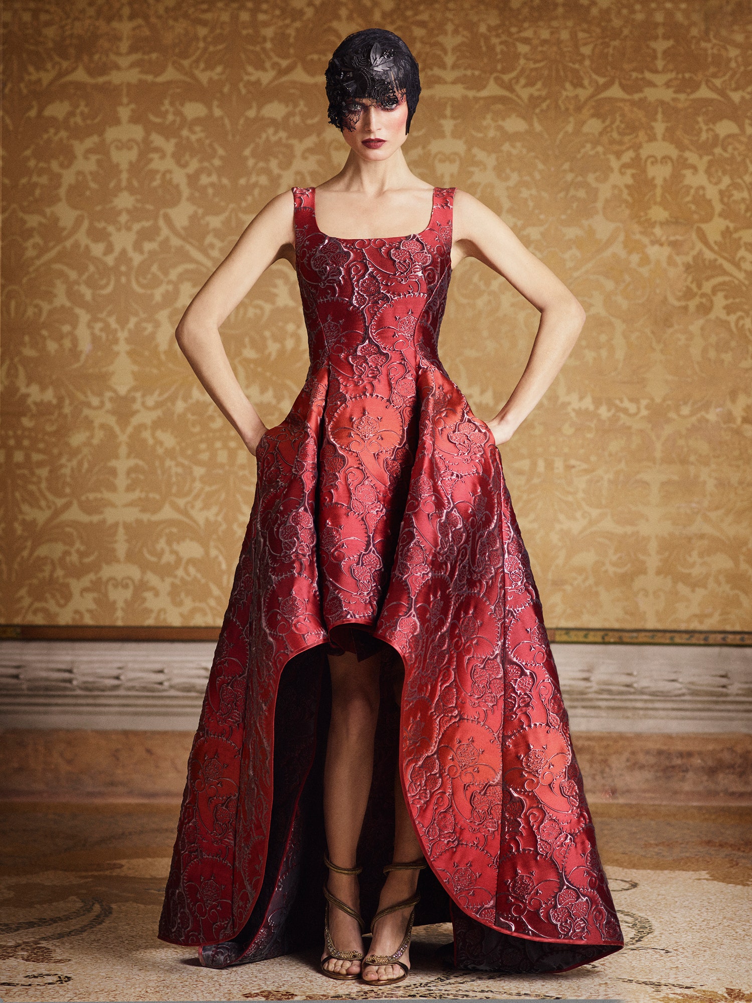 red silk sleeveless gown