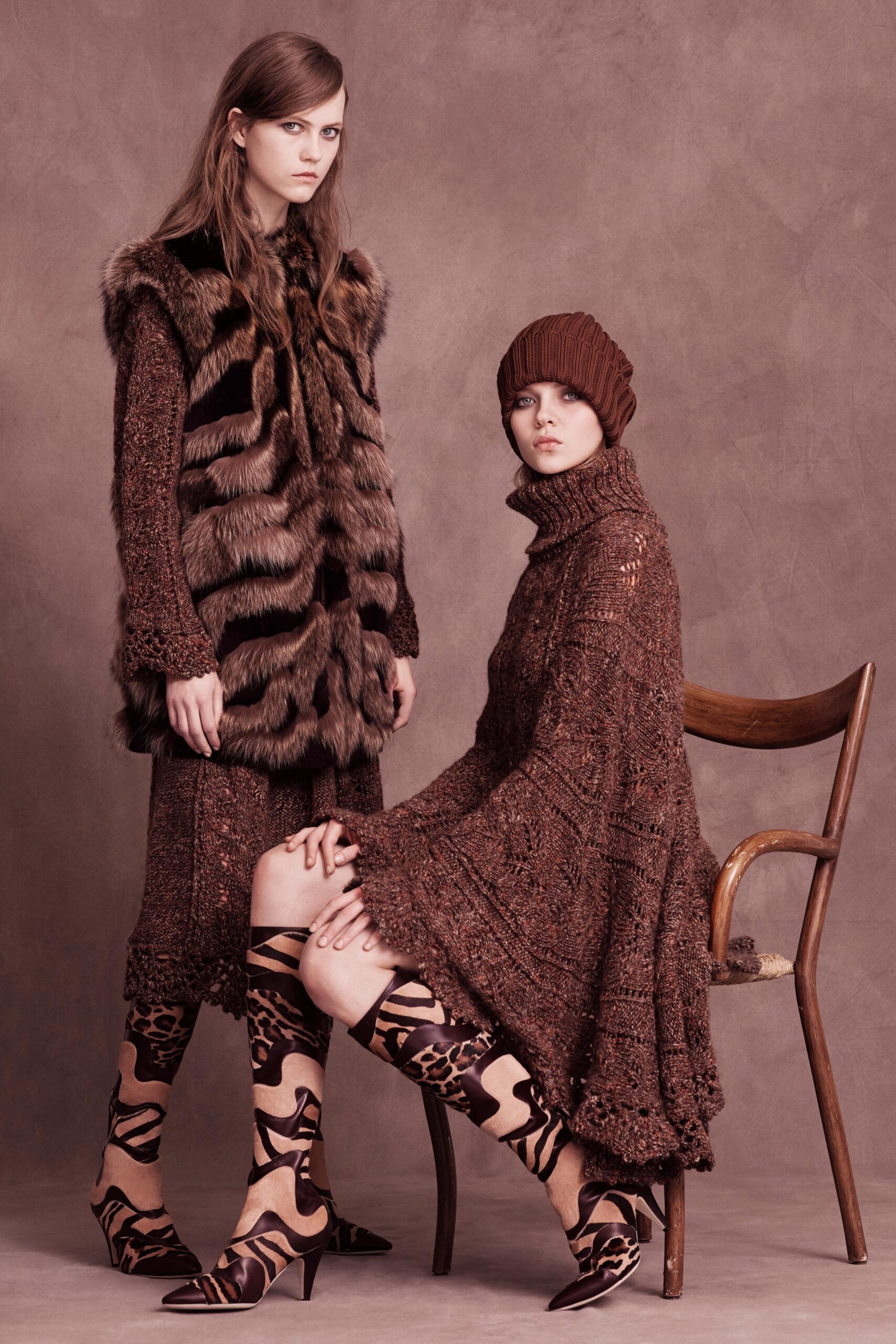 brown faux-fur coat and knit dress