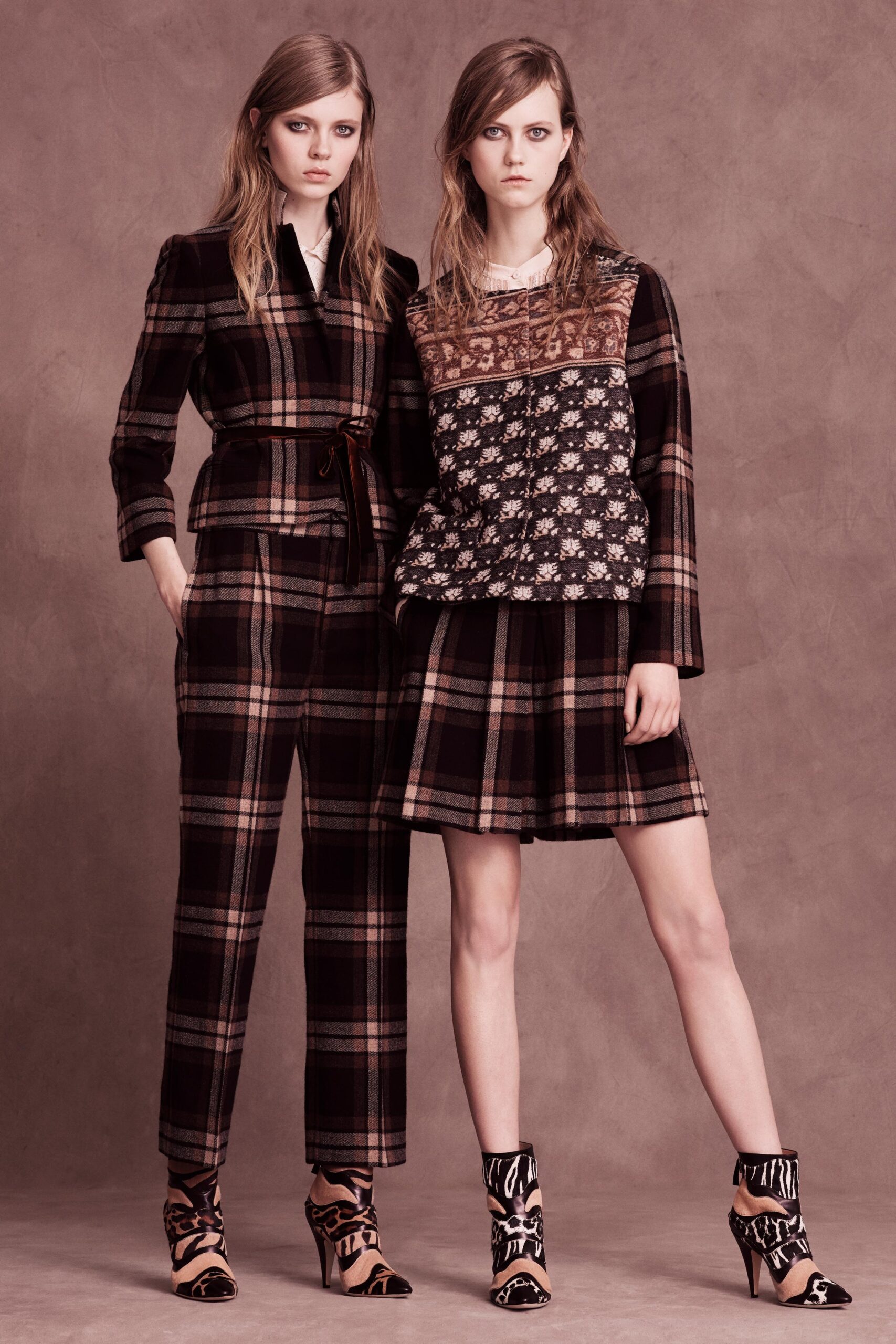 brown and black checked blazer and pants