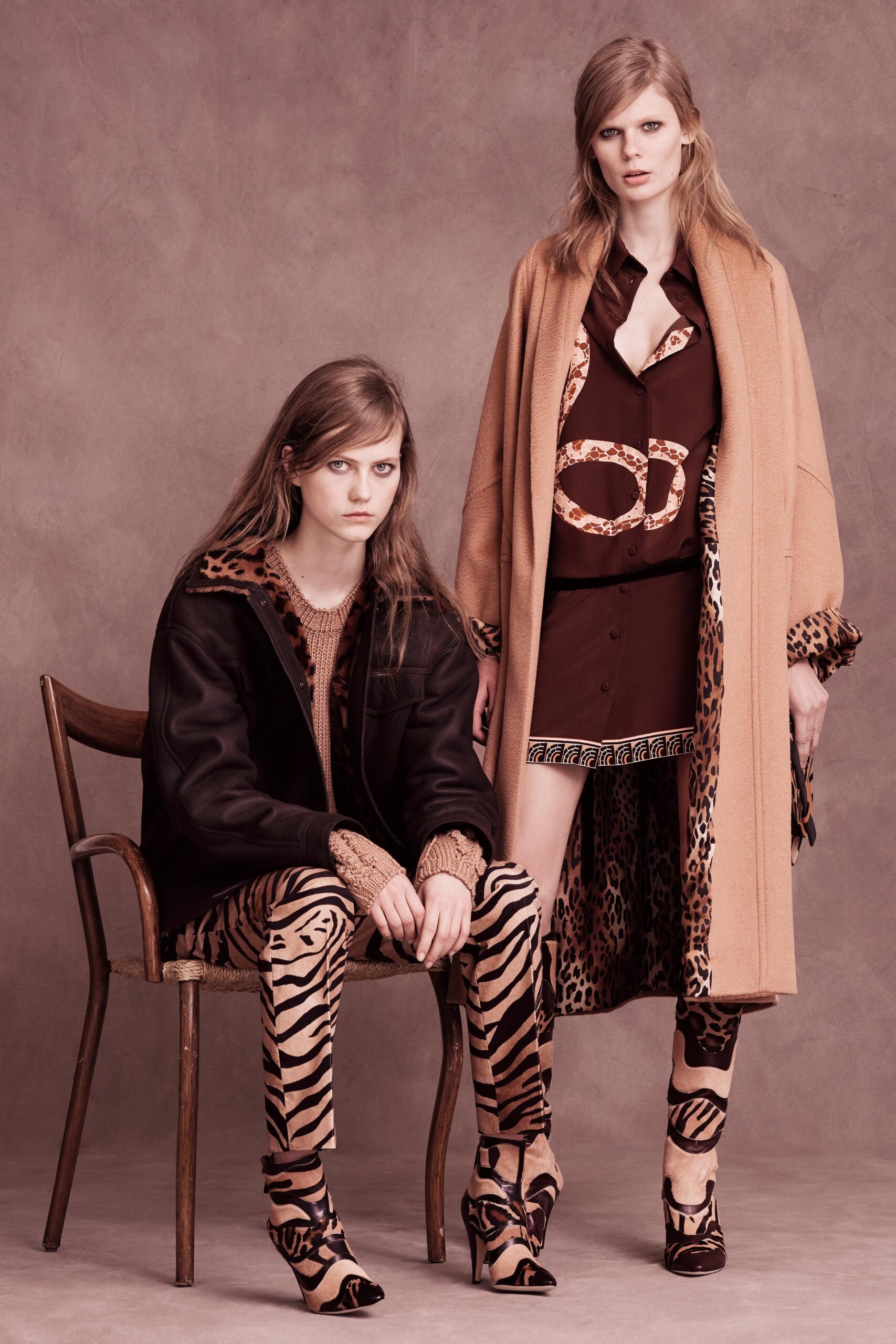 beige wool coat and brown dress