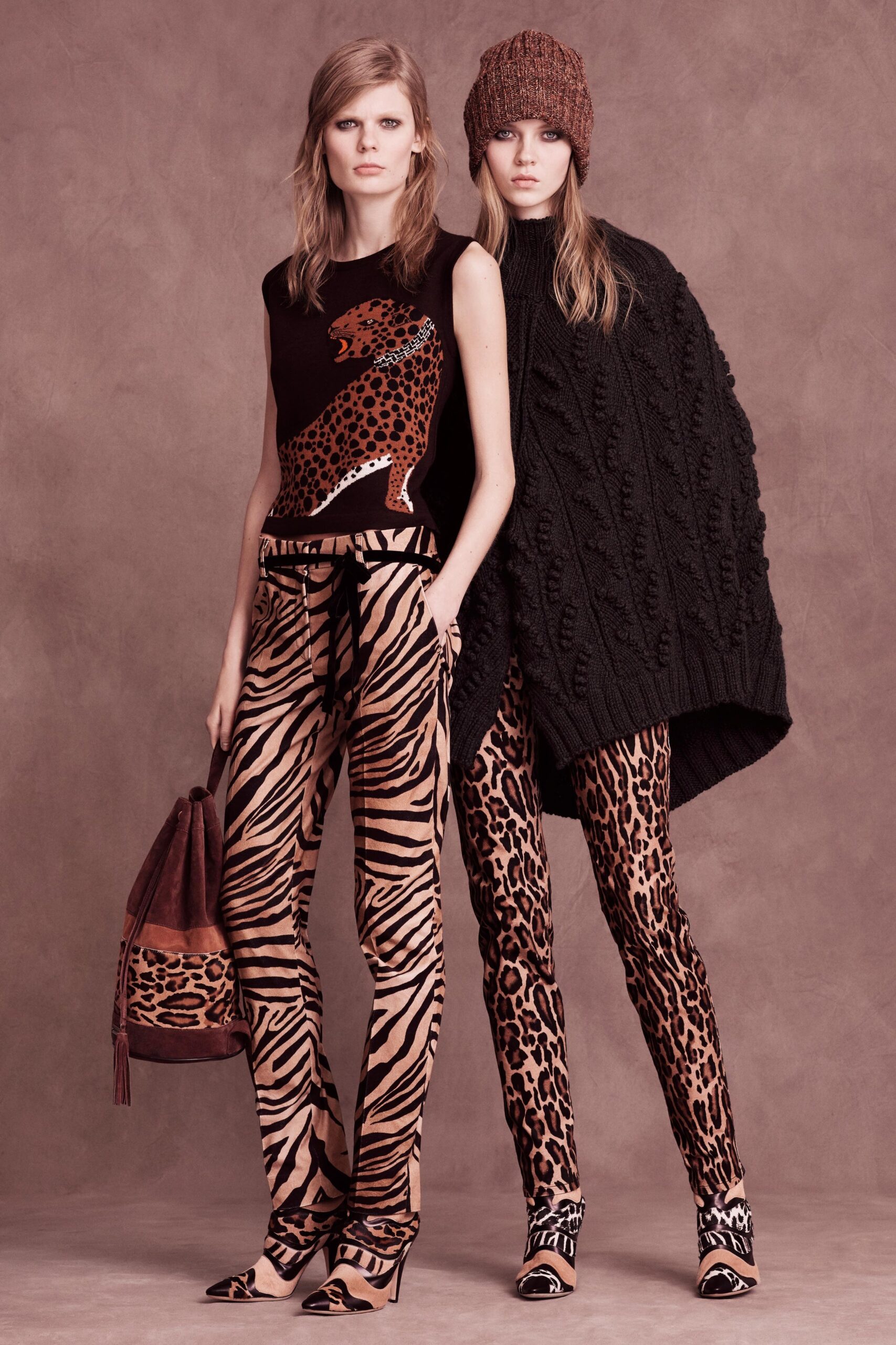 black printed top with animal-print pants