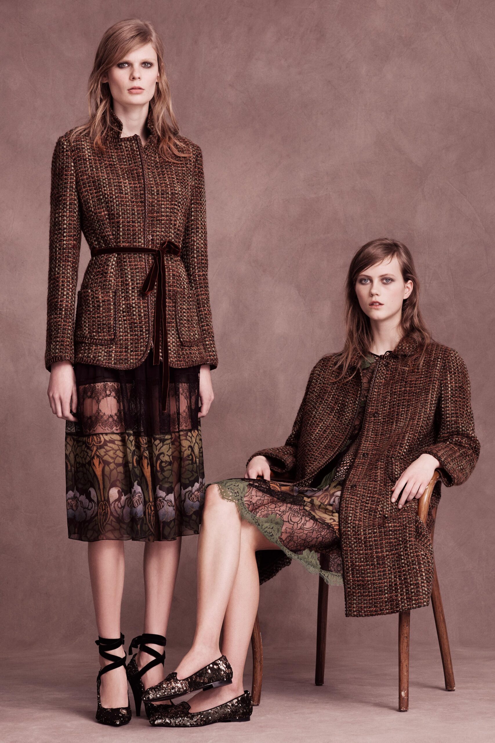 brown tweed tailored coat and black silk dress
