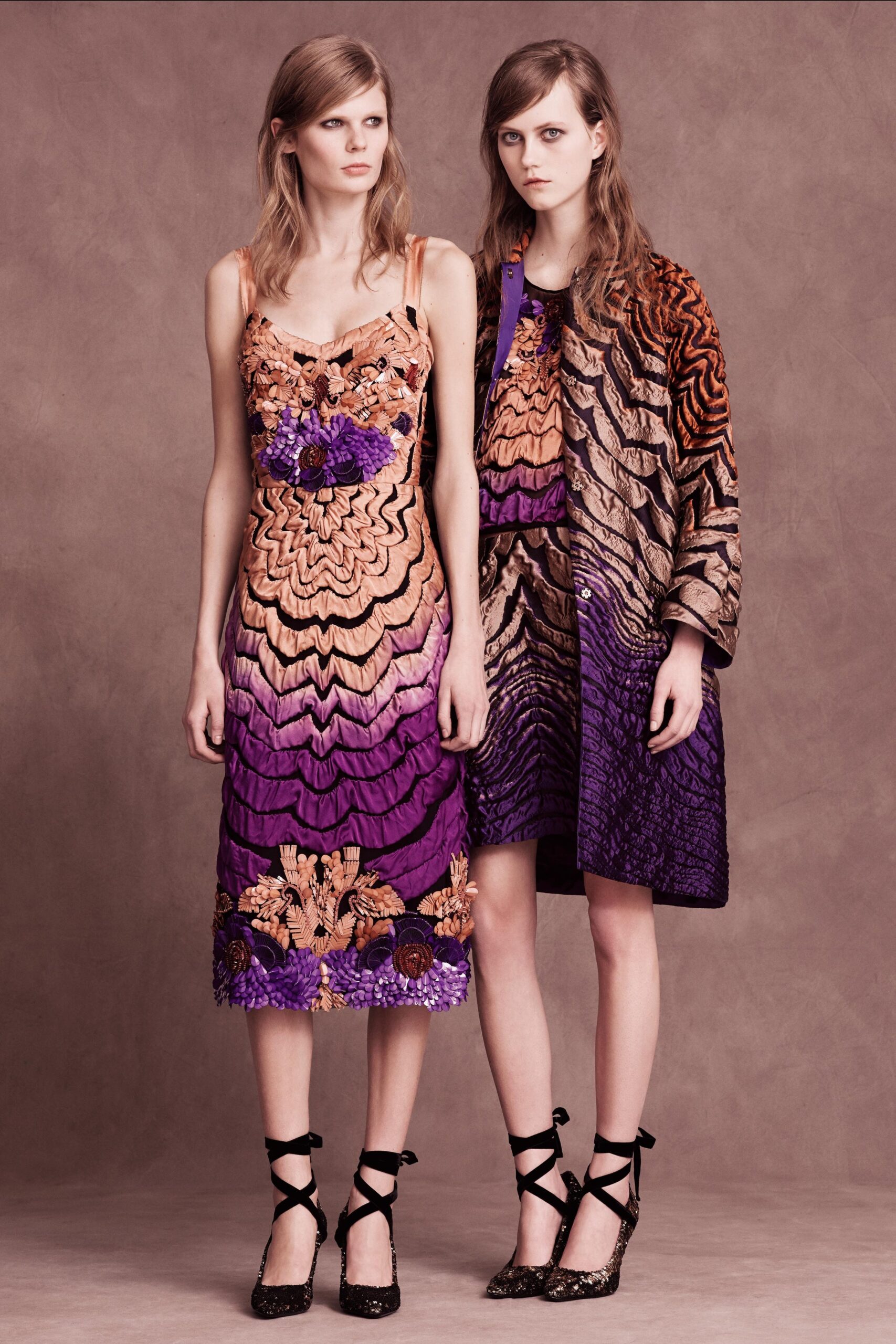 embroidered orange and purple dress with relaxed coat