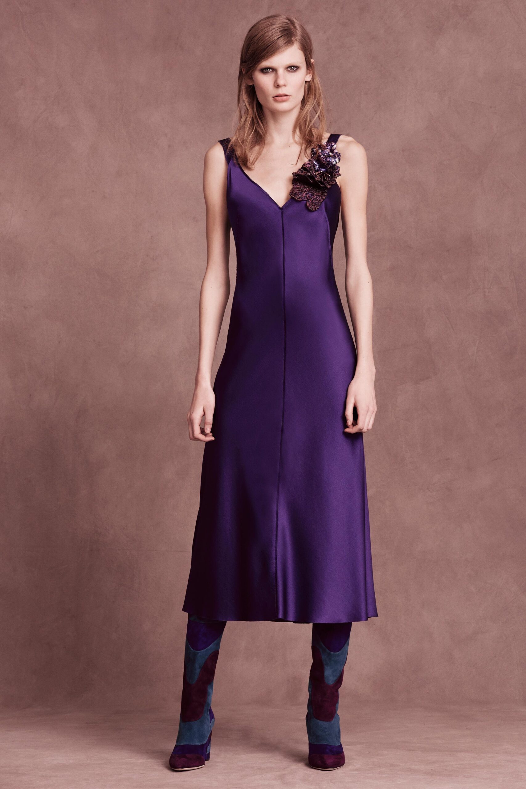 fitted purple silk midi dress with boots
