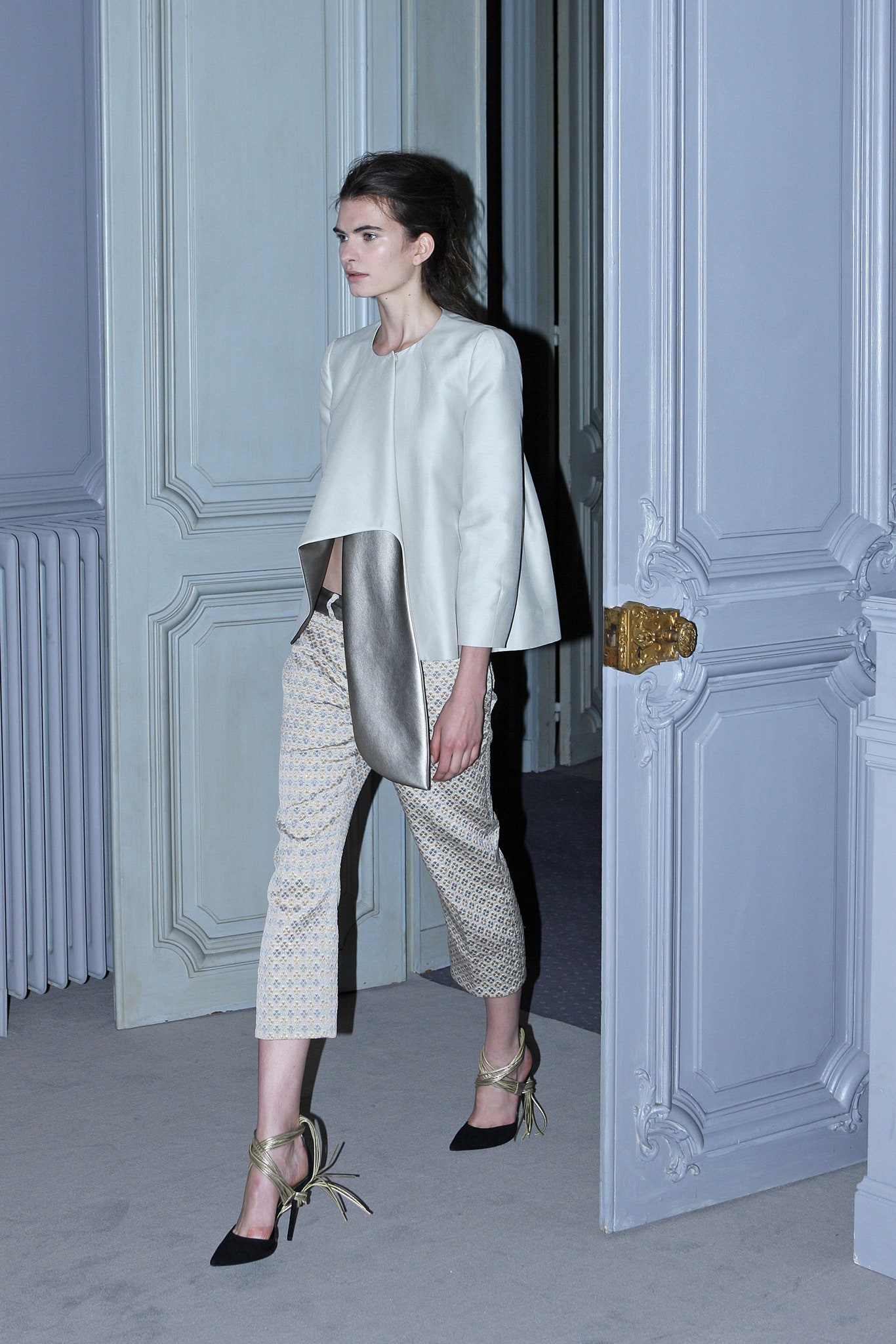 white leather long-sleeve collared structured draped jacket