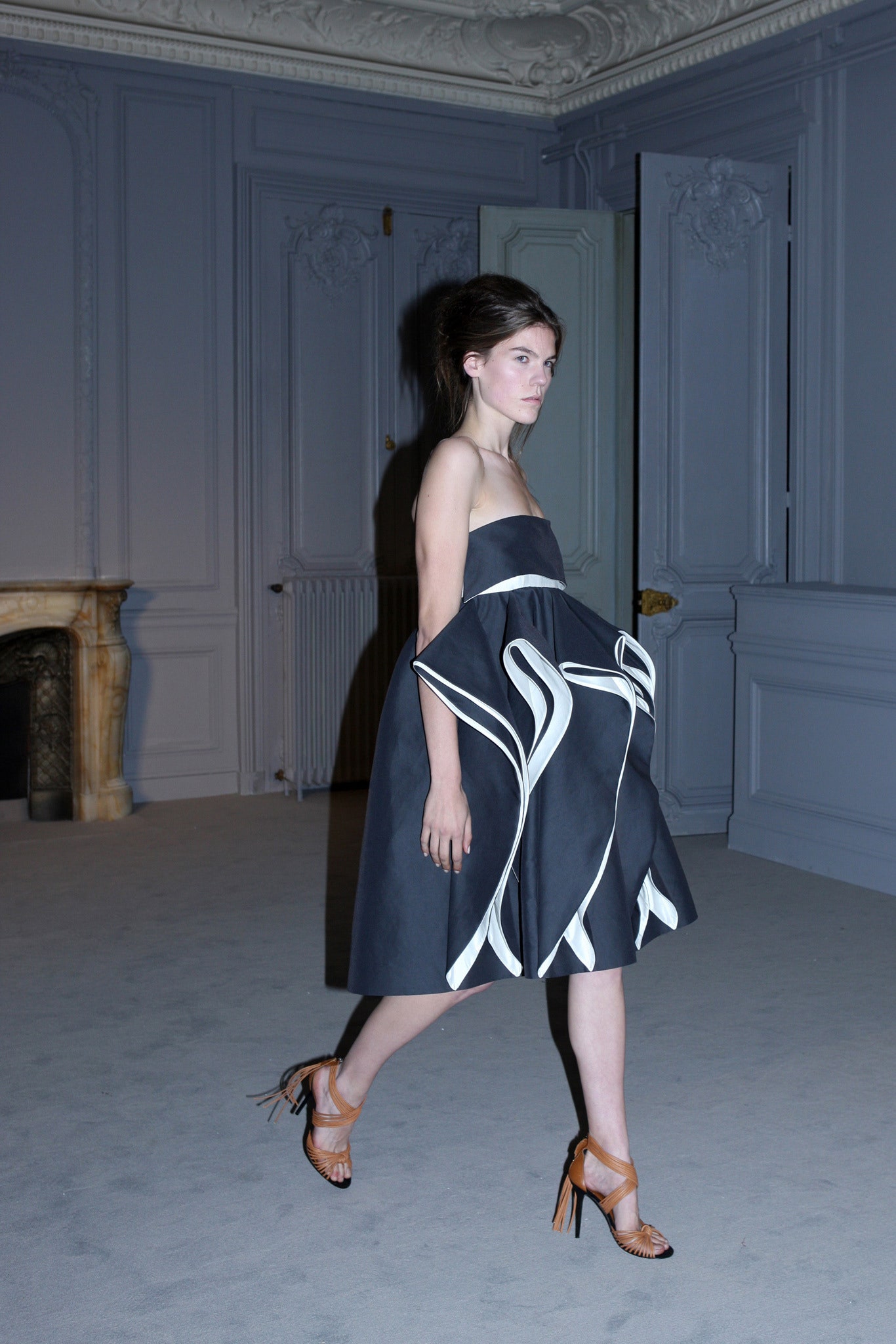 black and white strapless flared dress