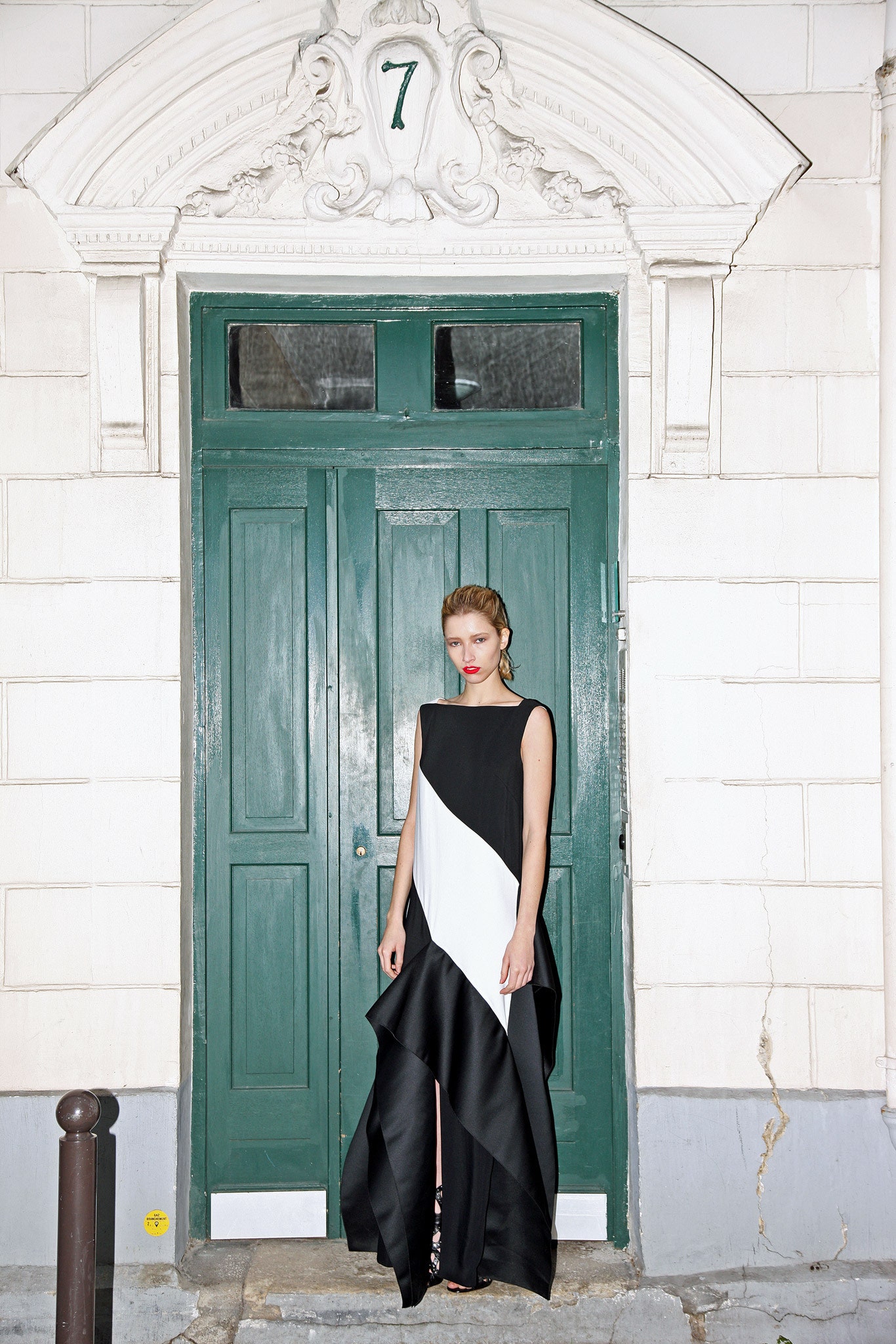black and white asymmetric gown