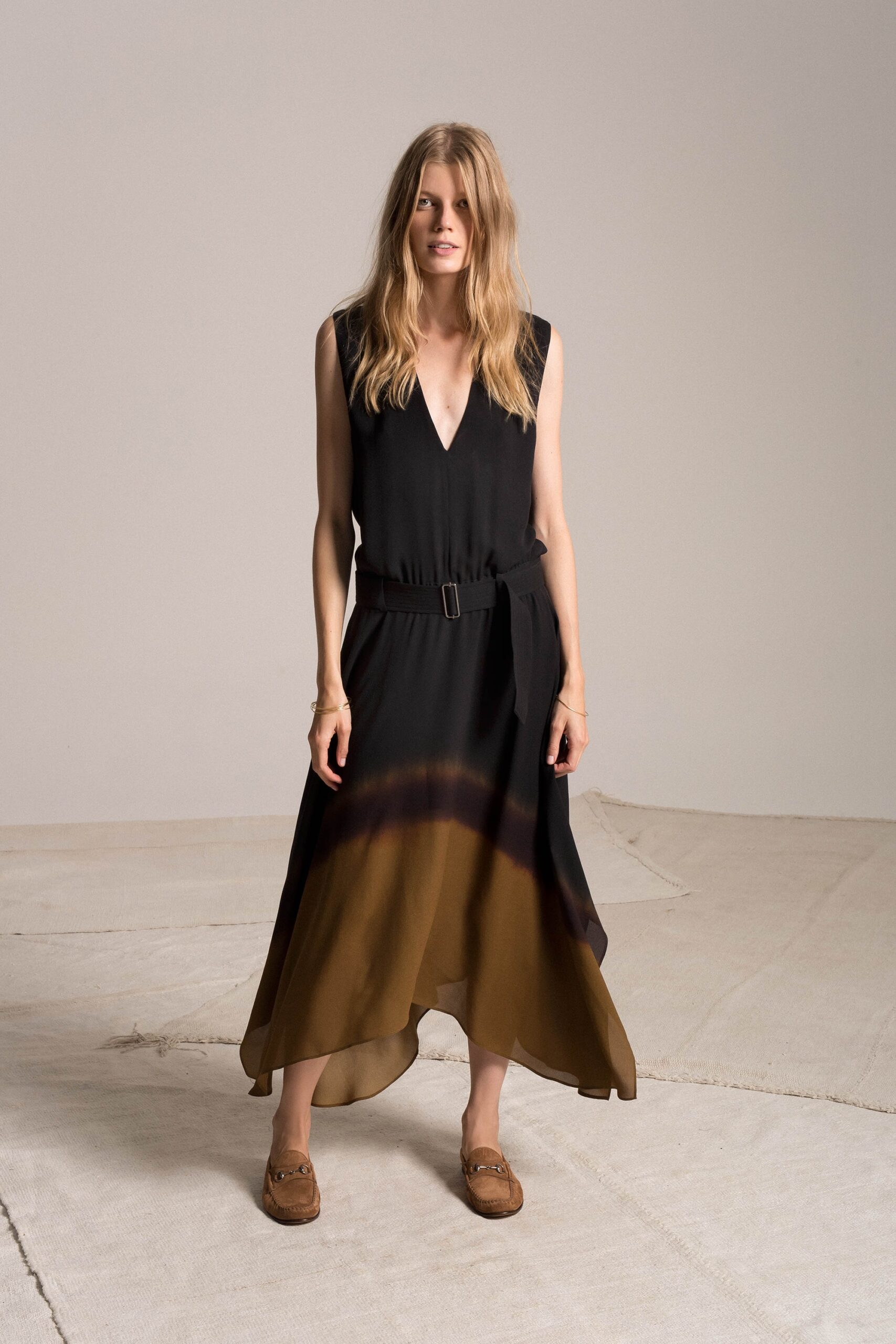 black and brown belted midi dress