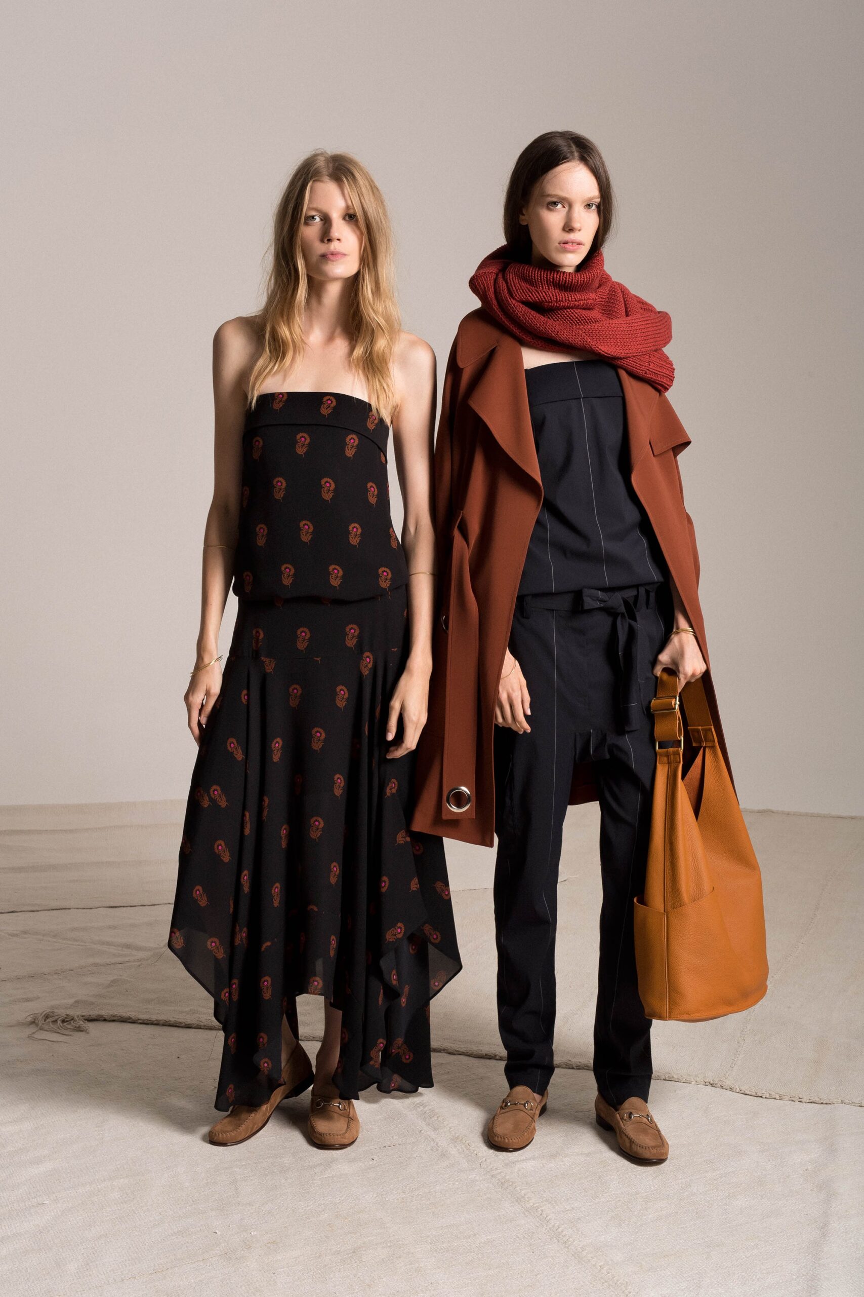 black silk flared midi dress and brown coat